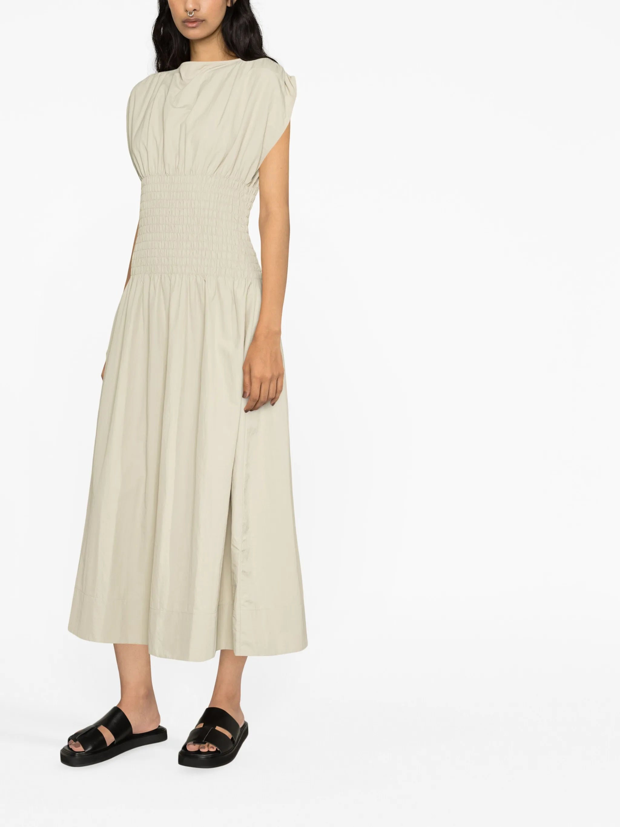 shirred midi dress