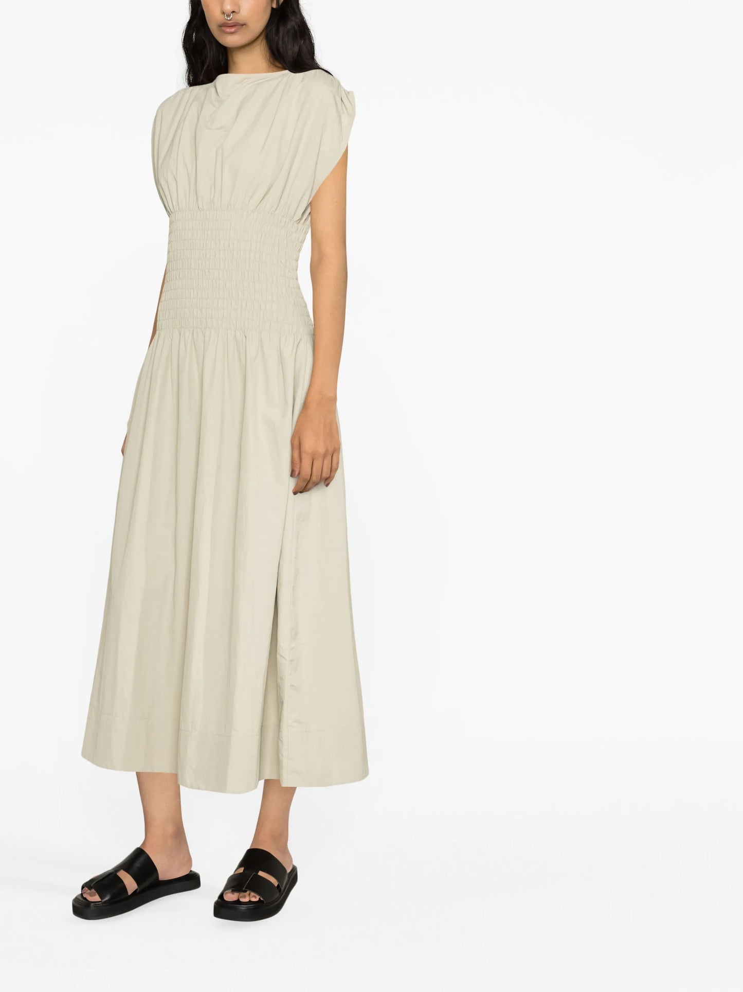 shirred midi dress