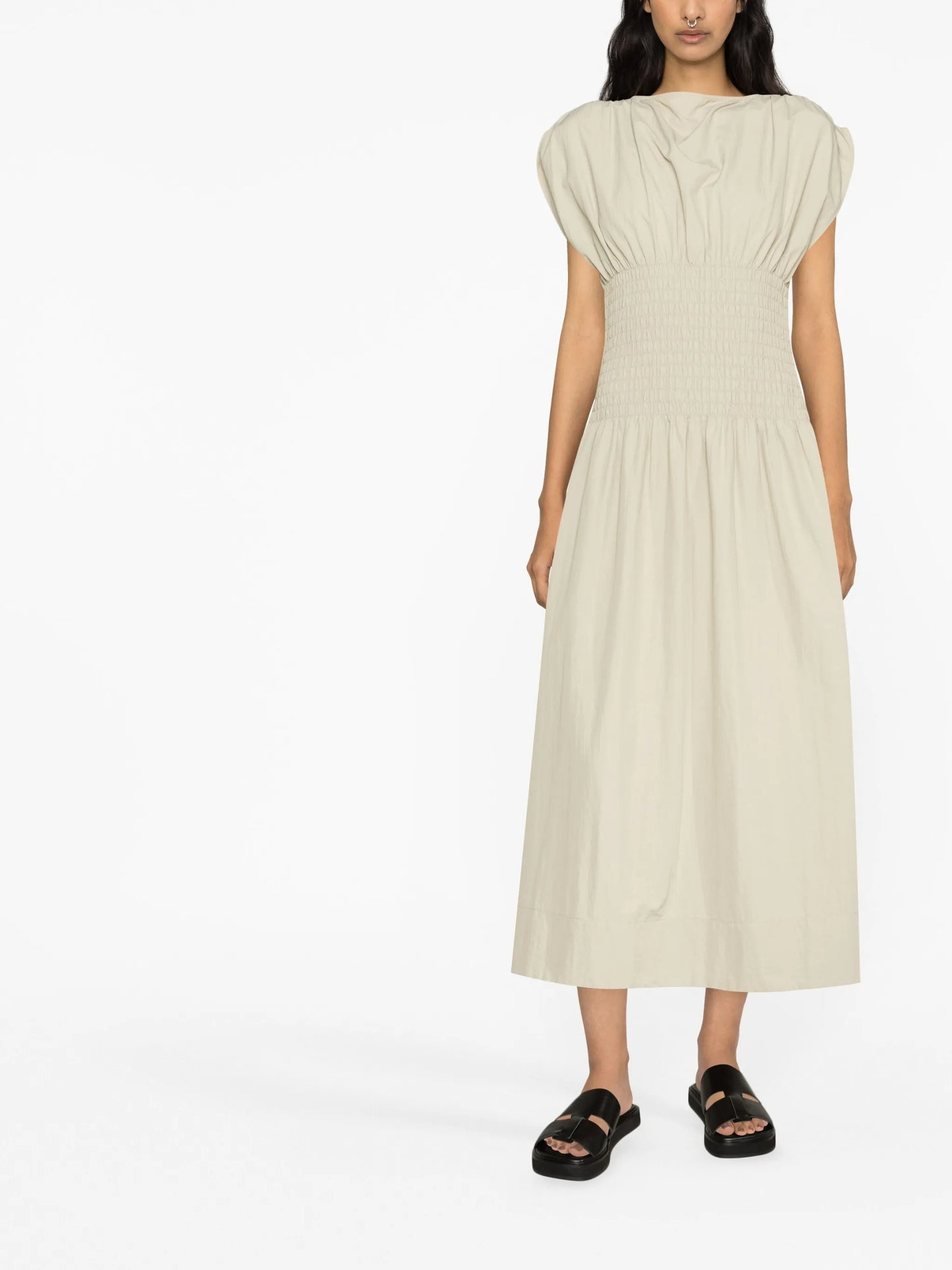 shirred midi dress