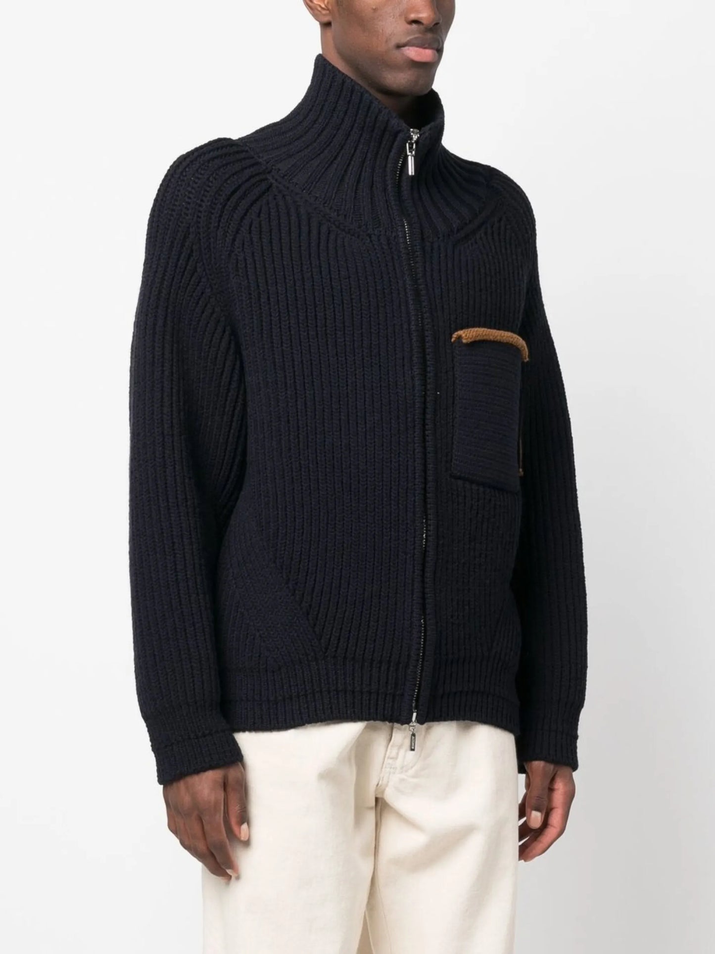 contrast-line high-neck cardigan
