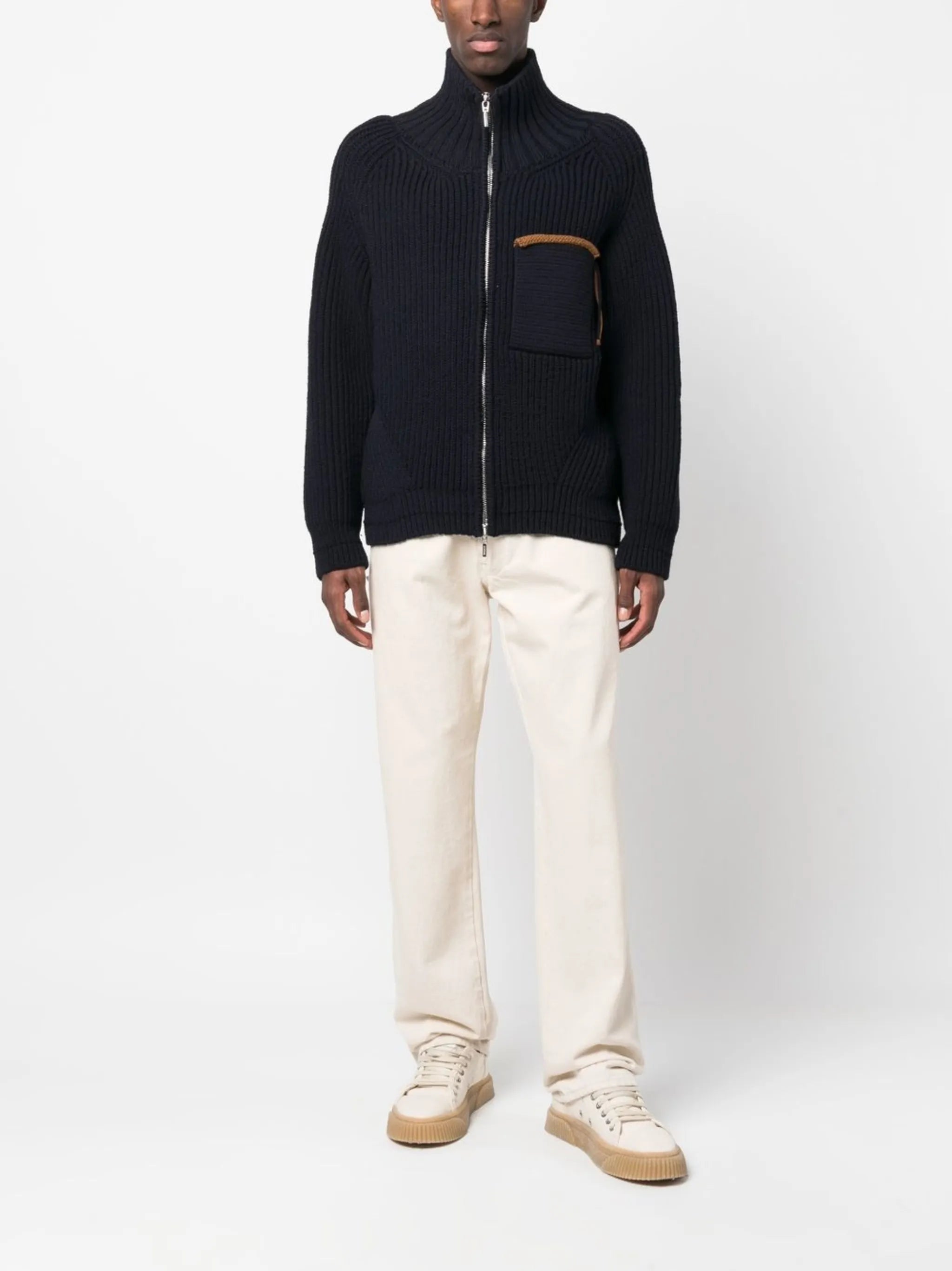 contrast-line high-neck cardigan