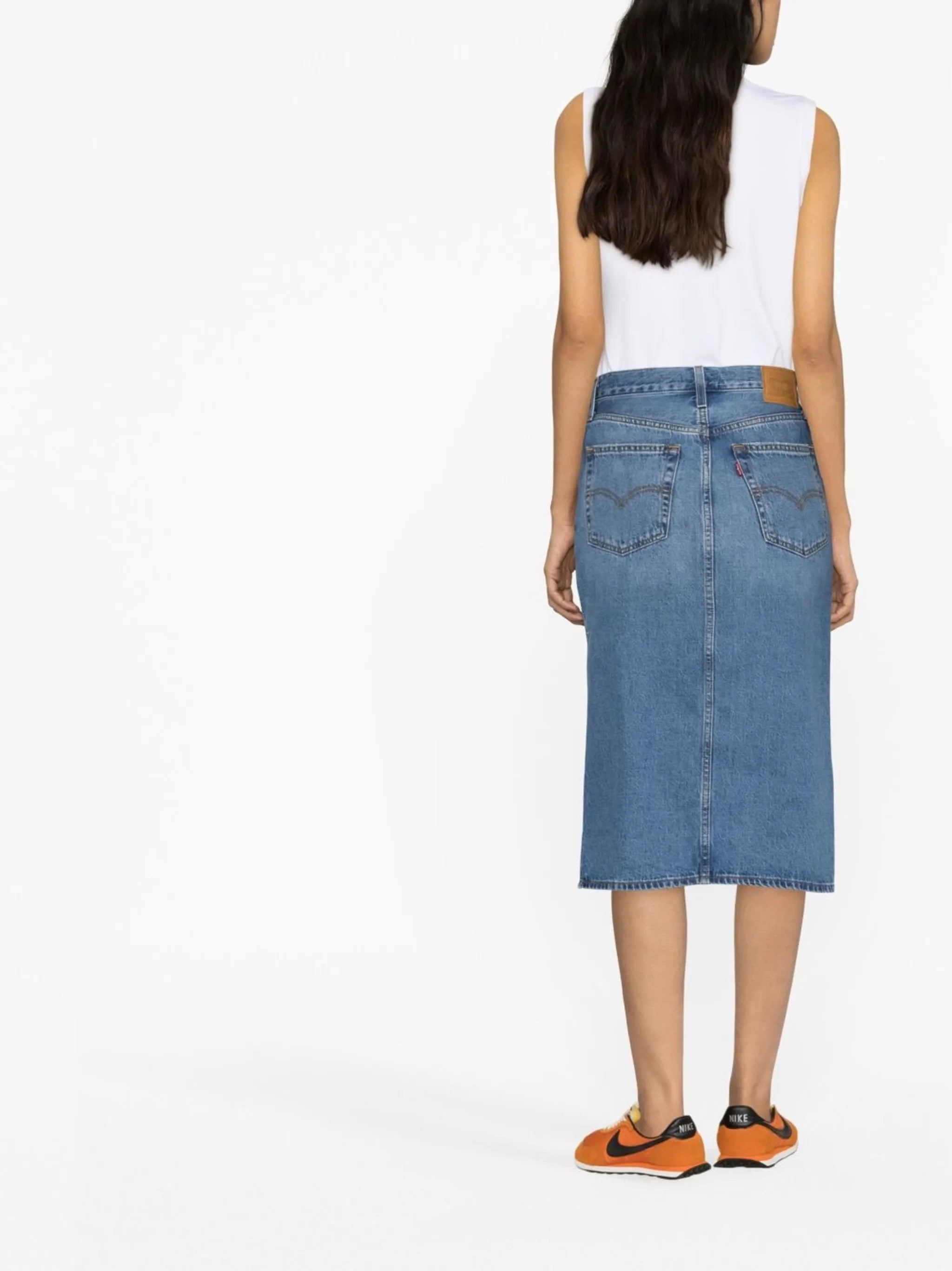 mid-rise denim mid skirt