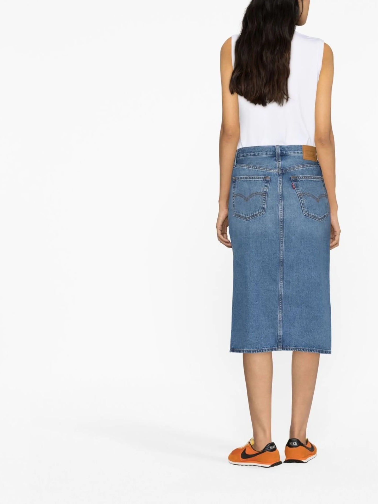 mid-rise denim mid skirt