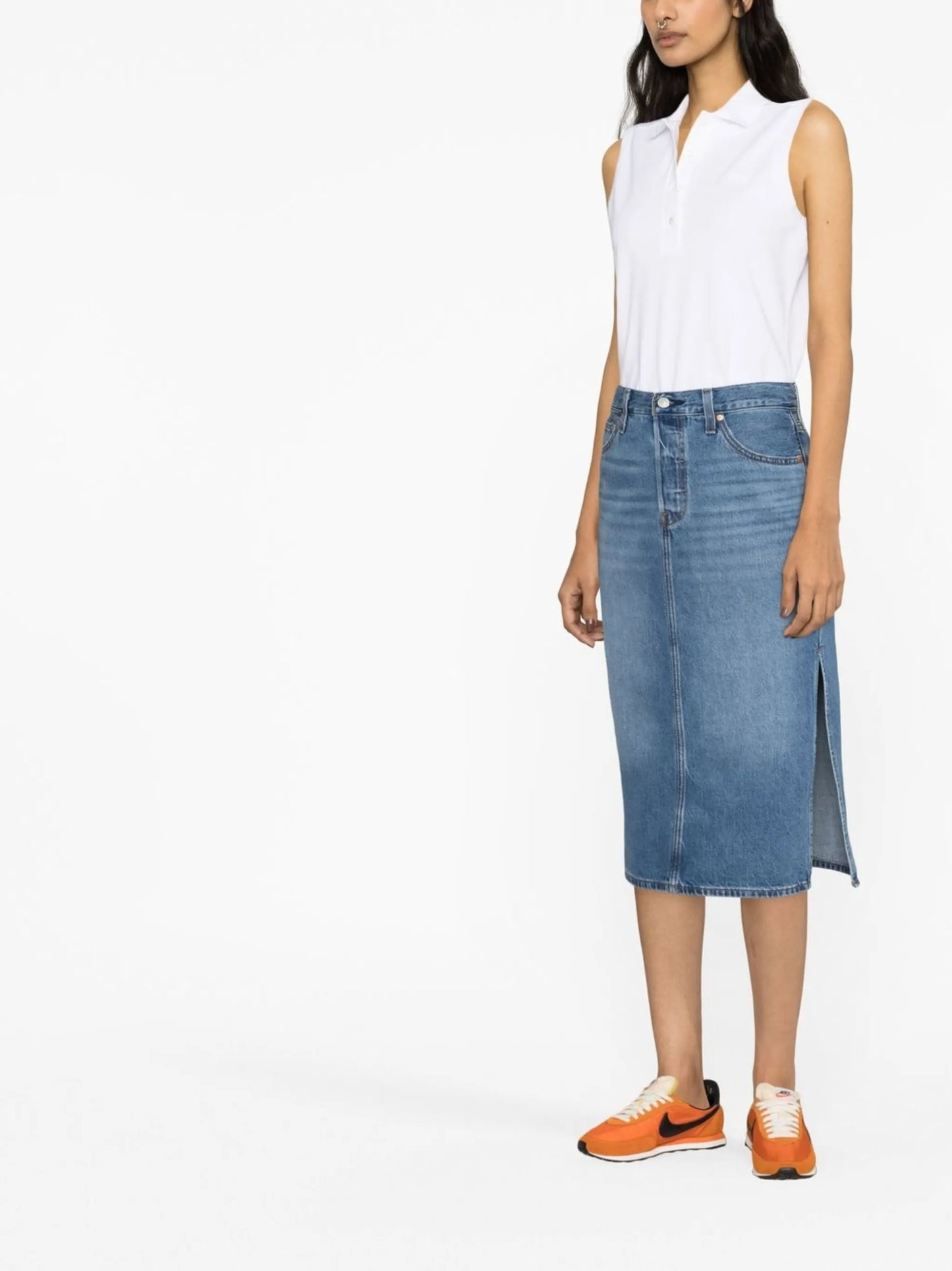 mid-rise denim mid skirt