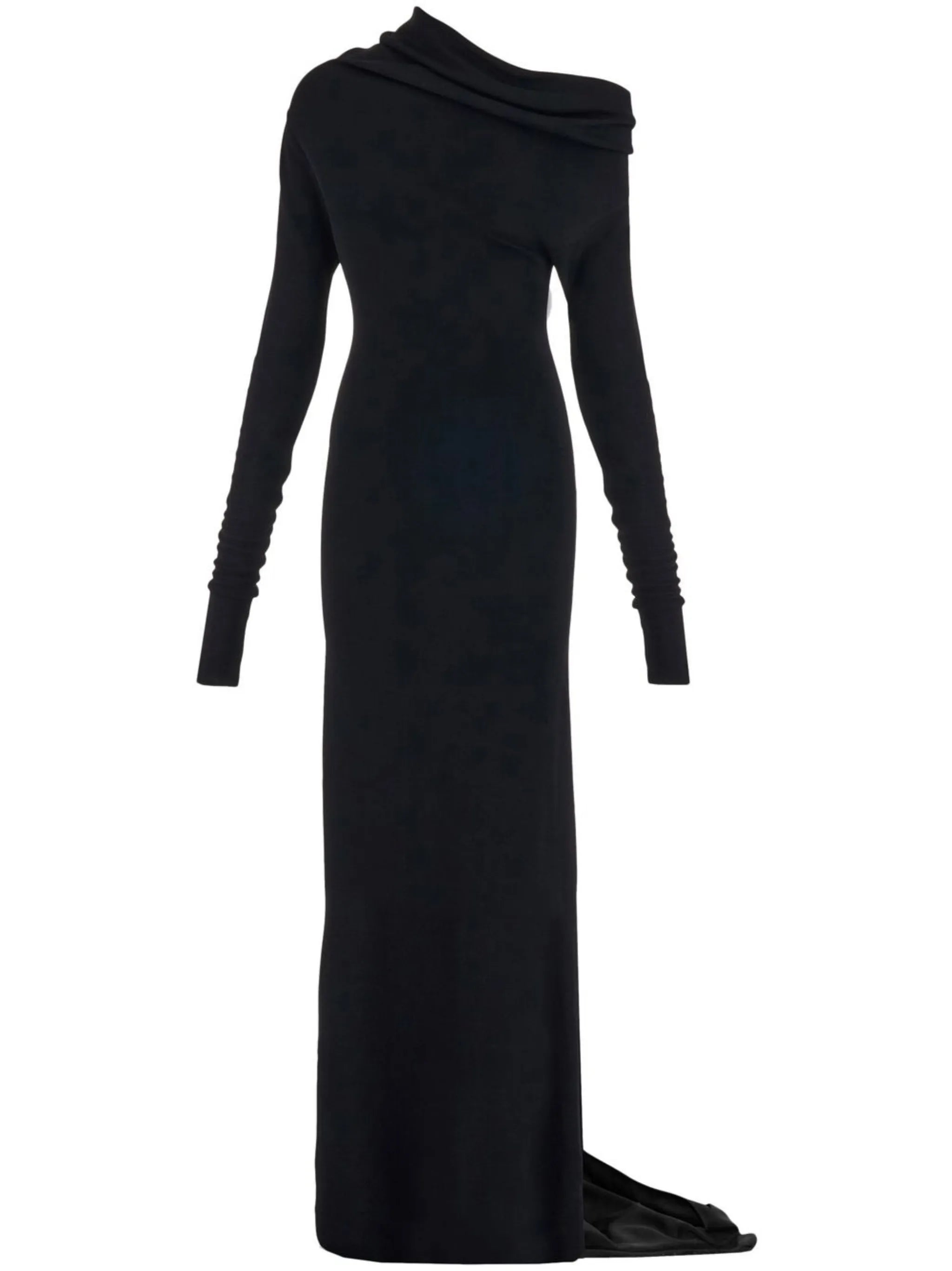 draped one-shoulder gown