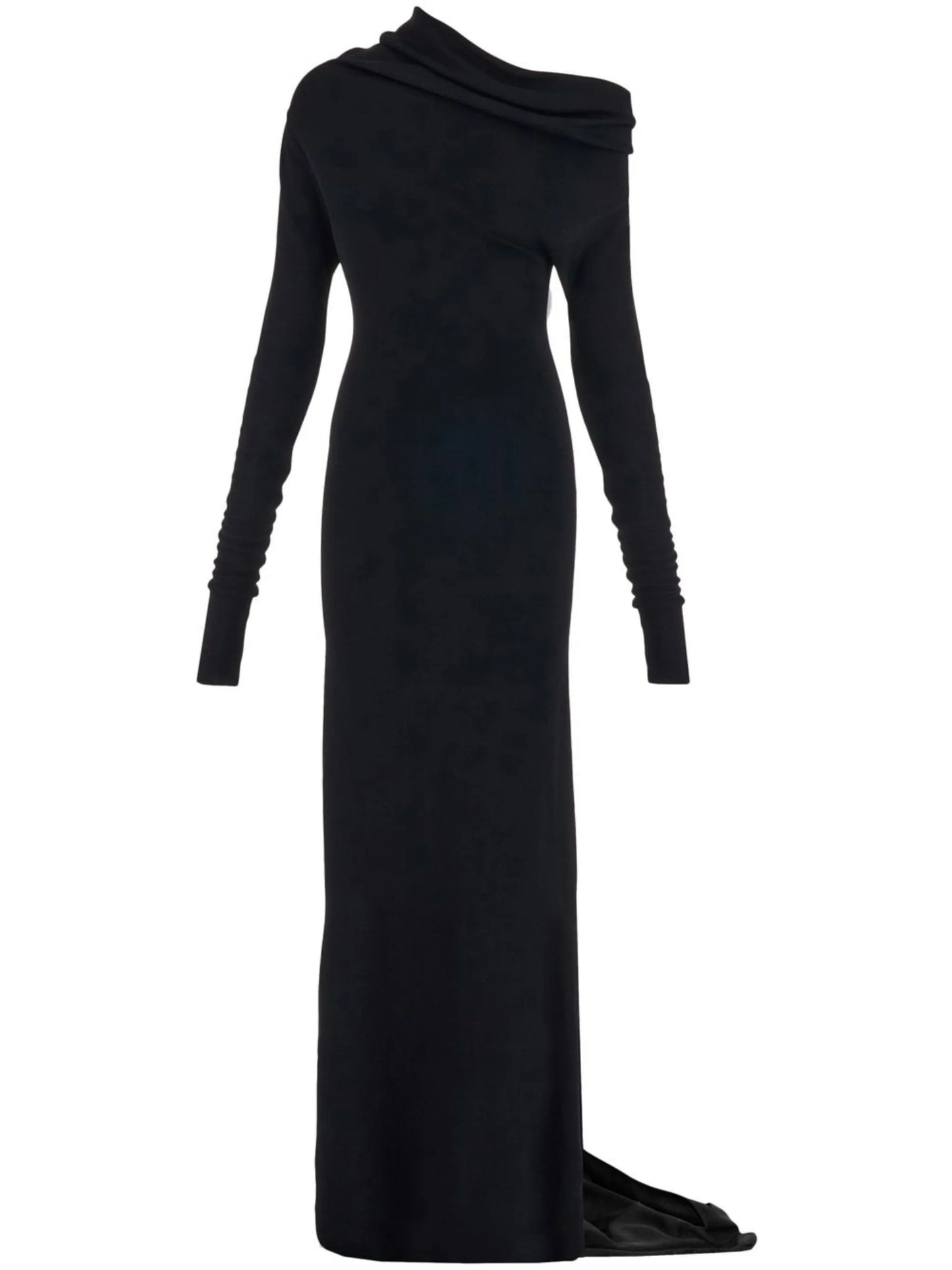 draped one-shoulder gown