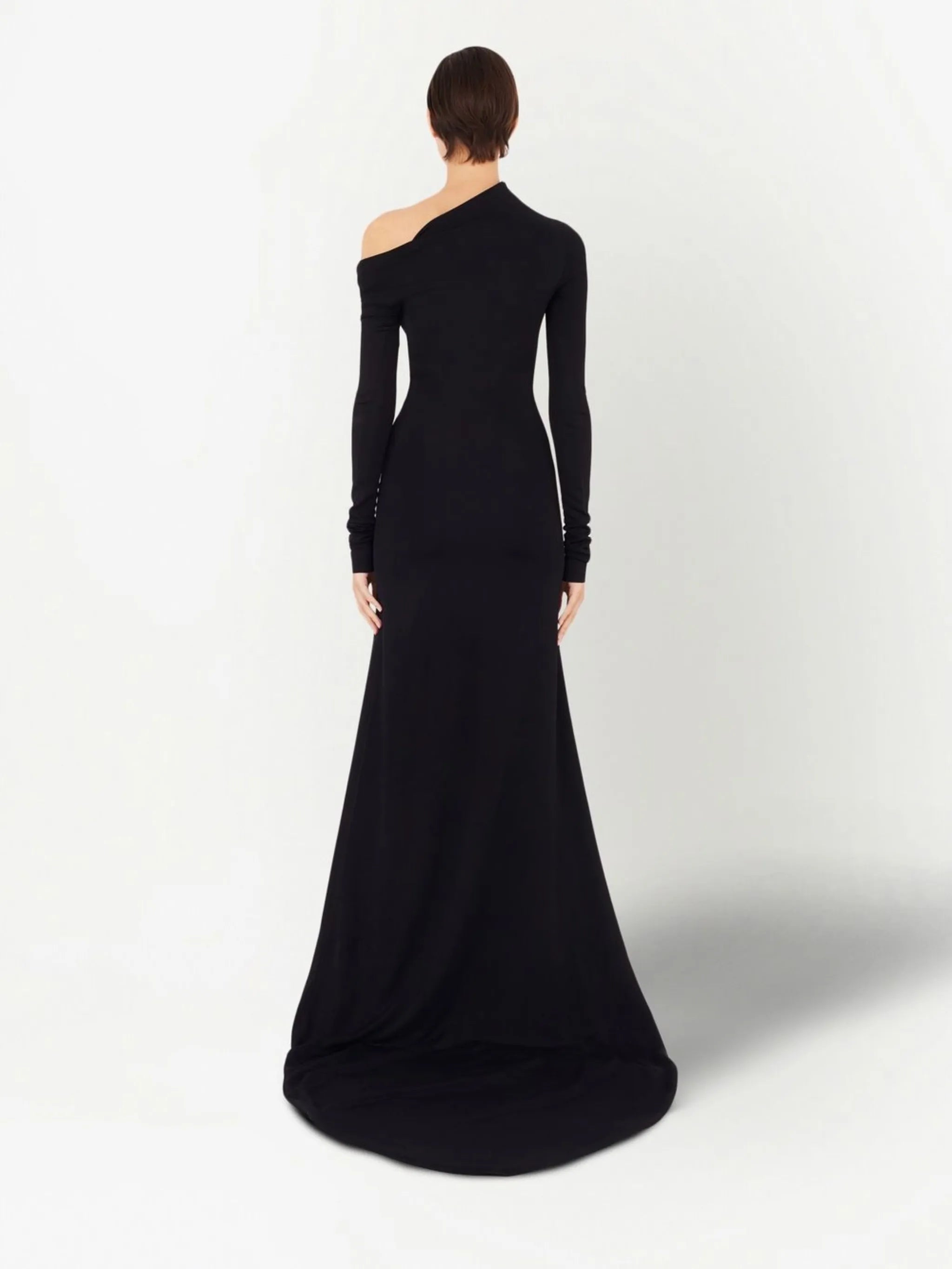 draped one-shoulder gown