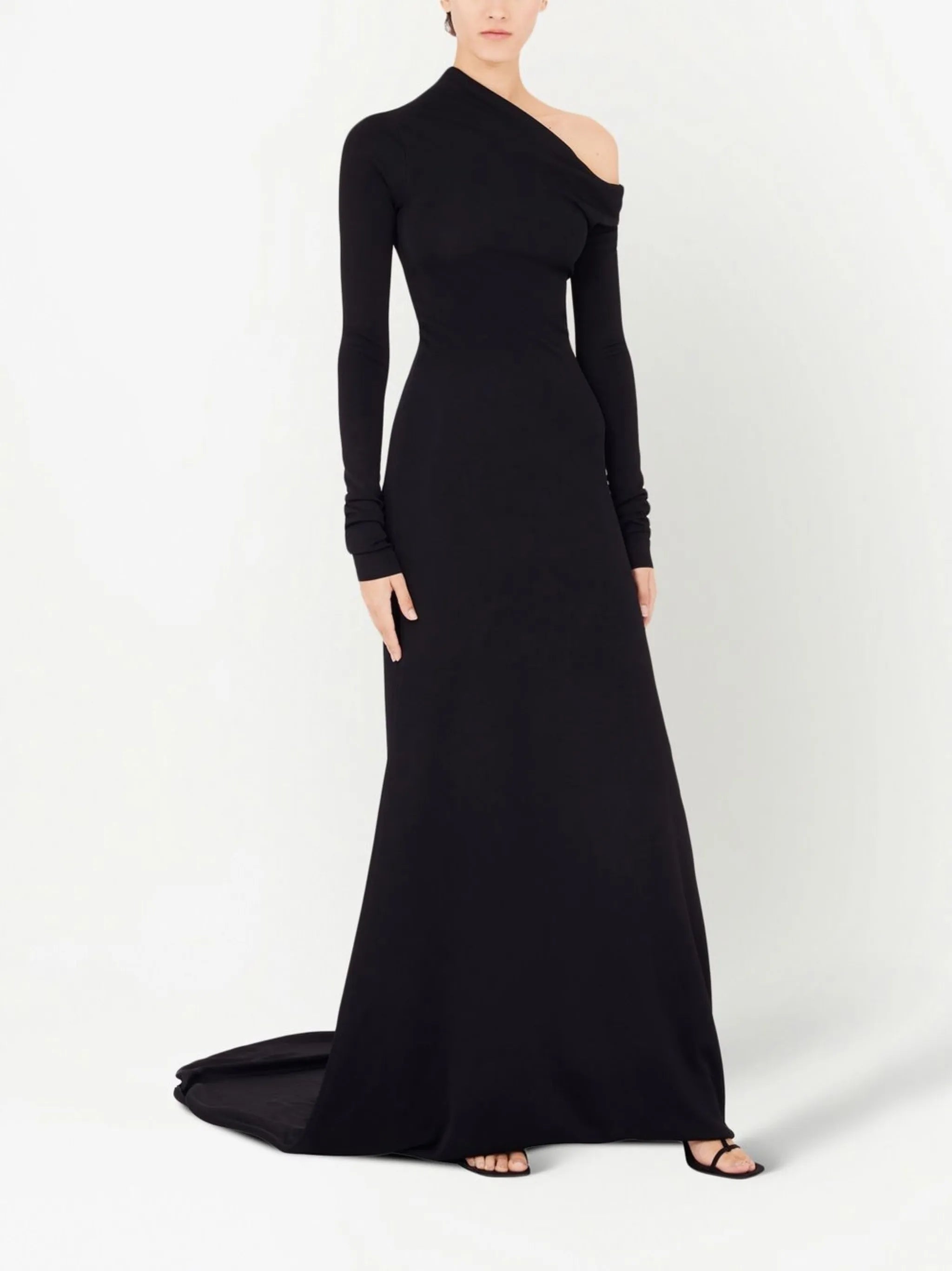draped one-shoulder gown