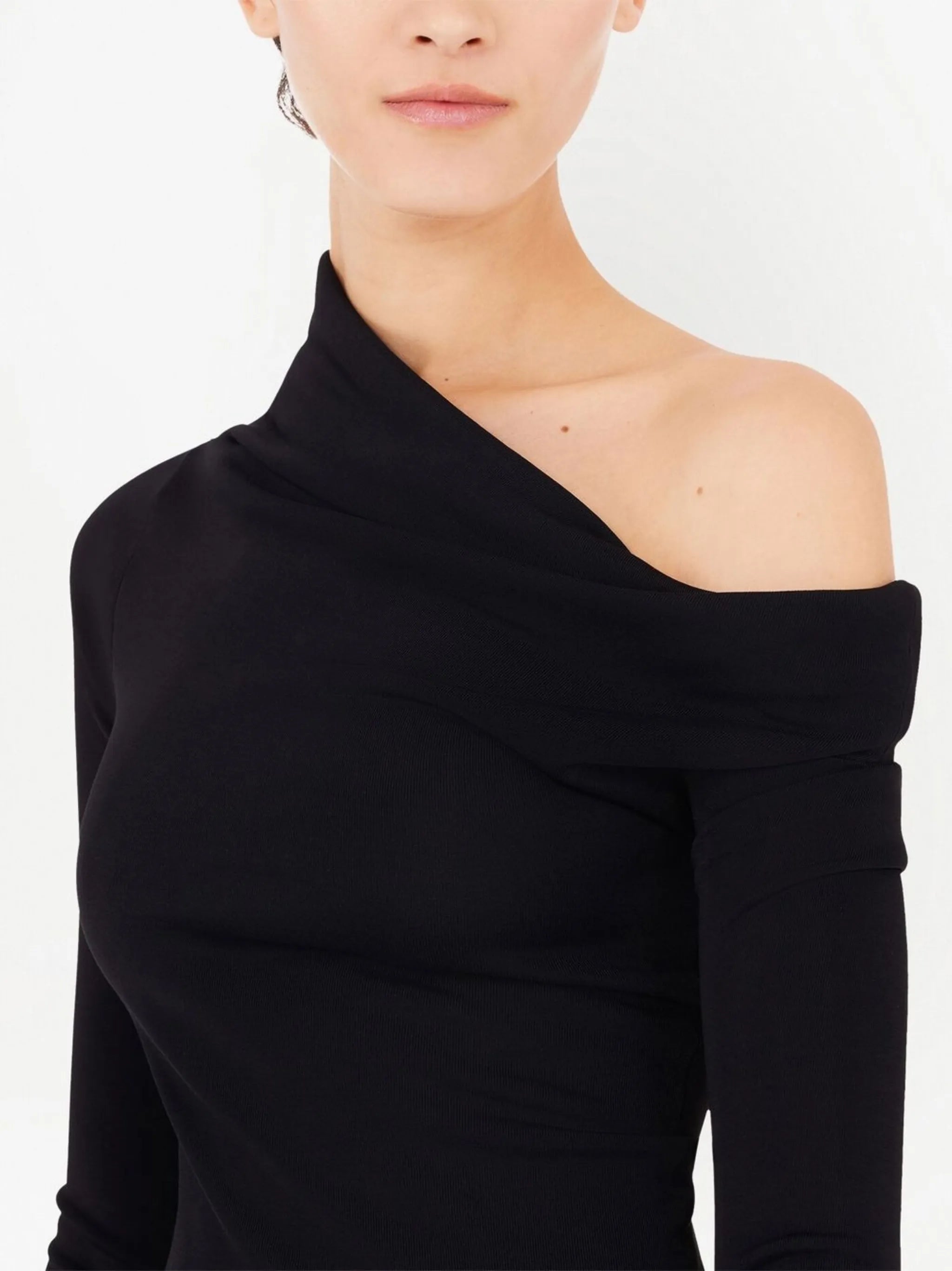 draped one-shoulder gown
