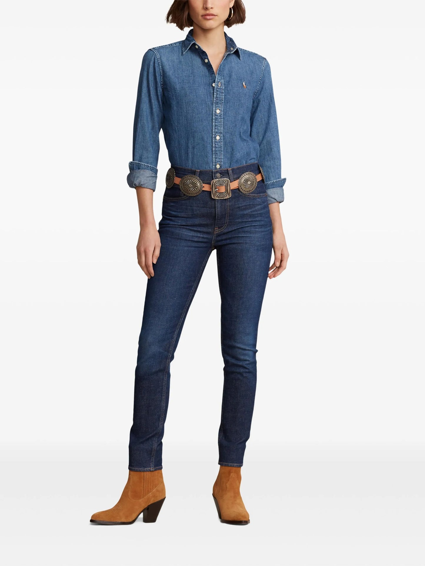 embroidered-logo denim shirt