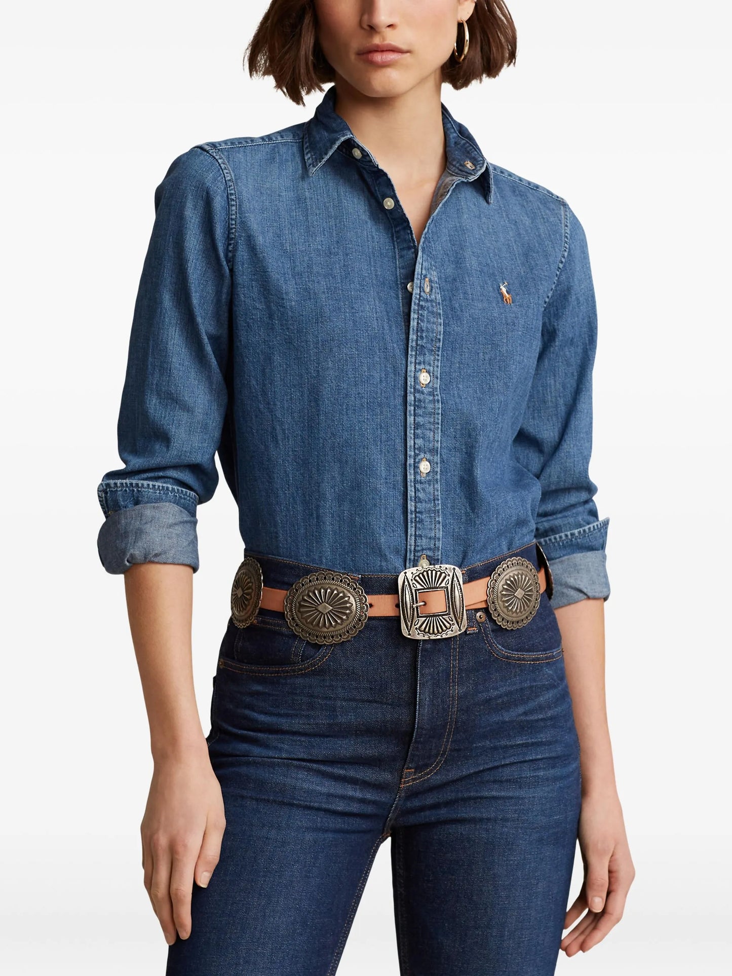 embroidered-logo denim shirt