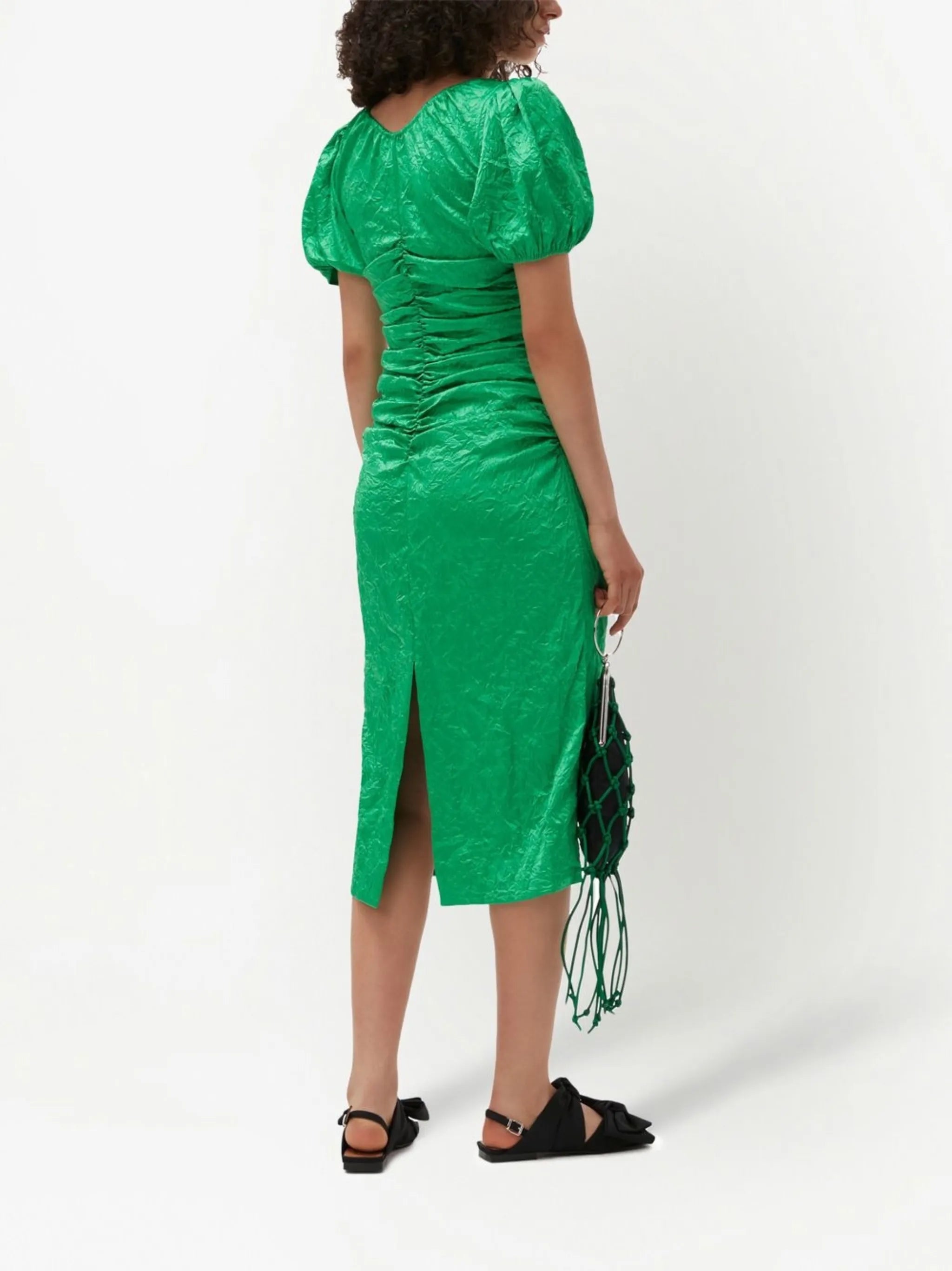 crinkled-effect puff-sleeve midi dress
