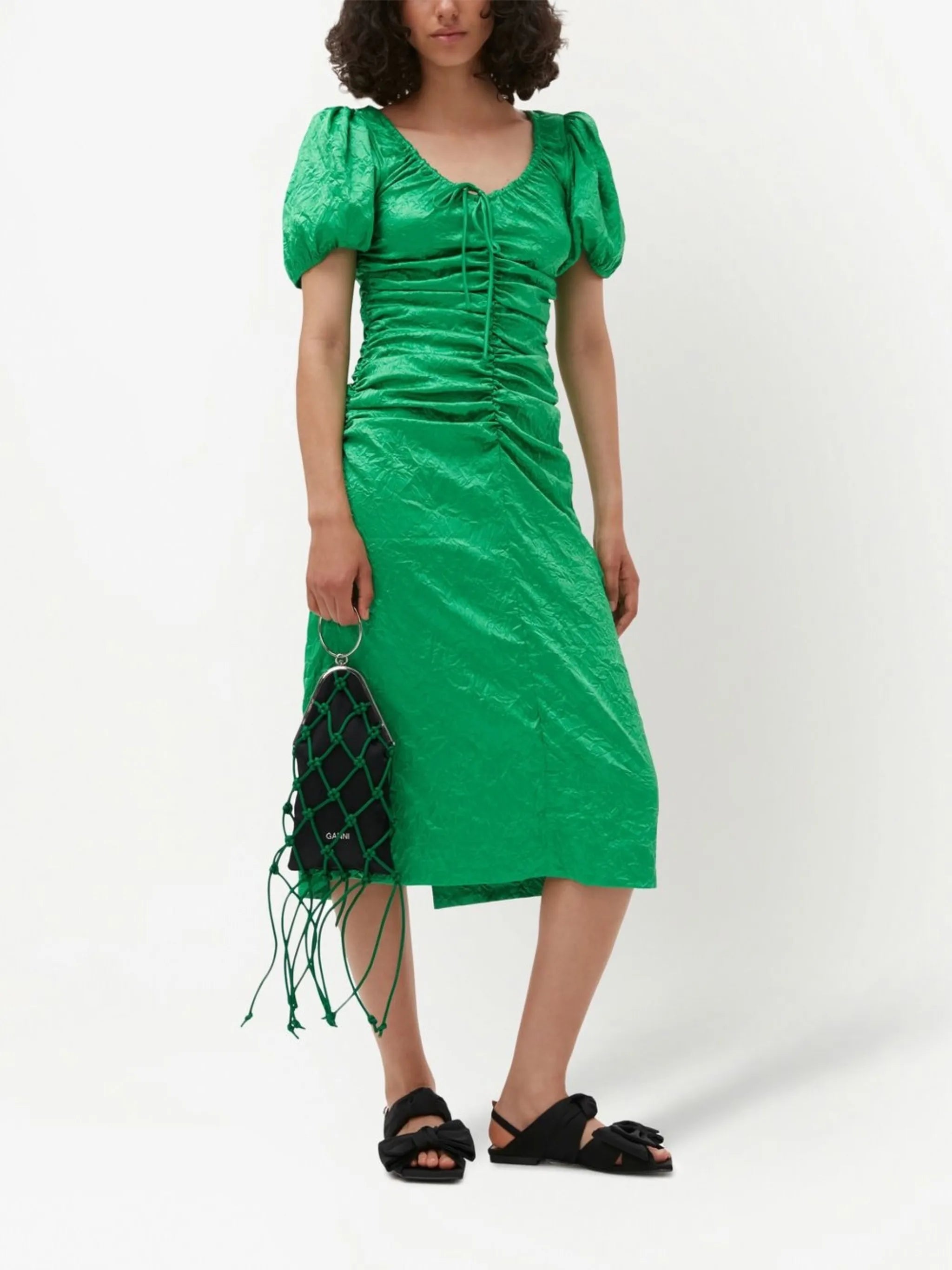 crinkled-effect puff-sleeve midi dress