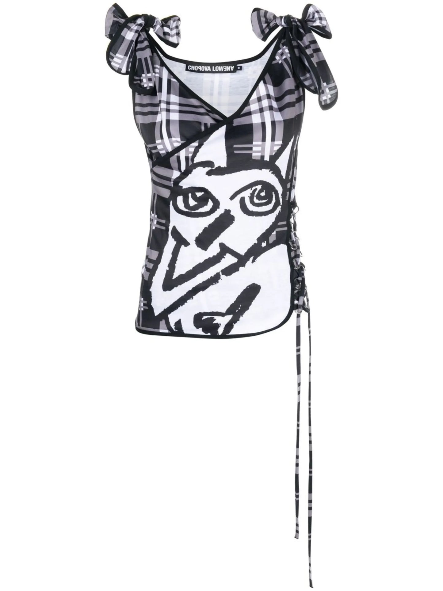 bow-embellished tie-side top