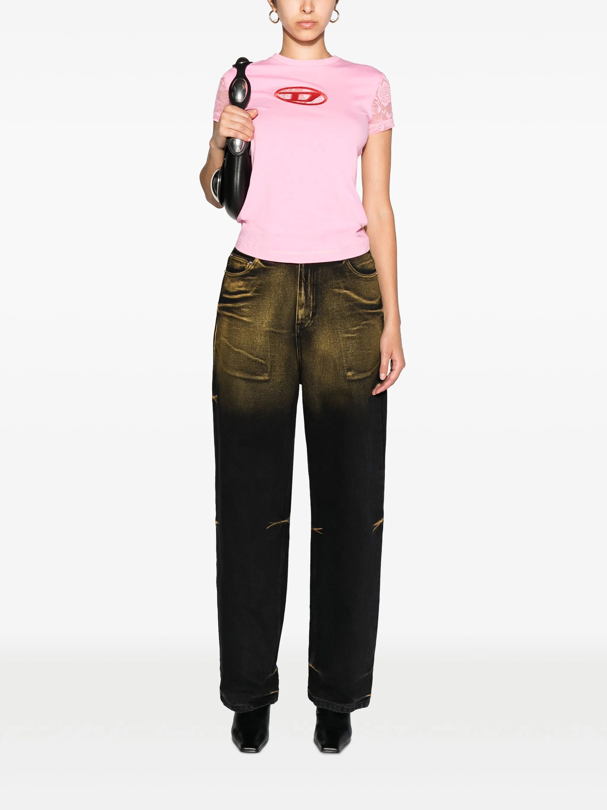 floral lace-appliqué crew-neck T-shirt