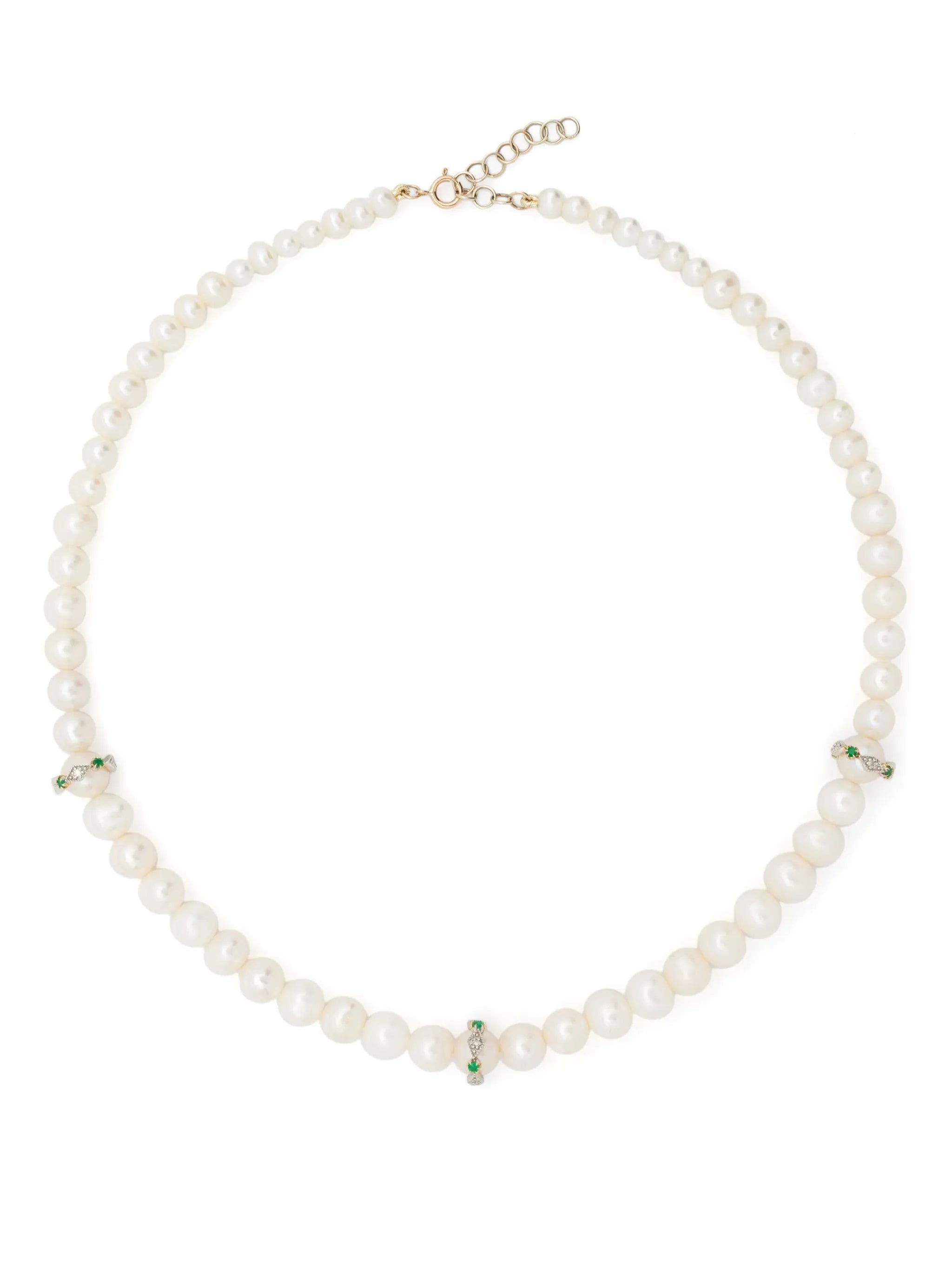 9kt yellow and white gold Chelsea N°2 pearl diamond and emerald necklace