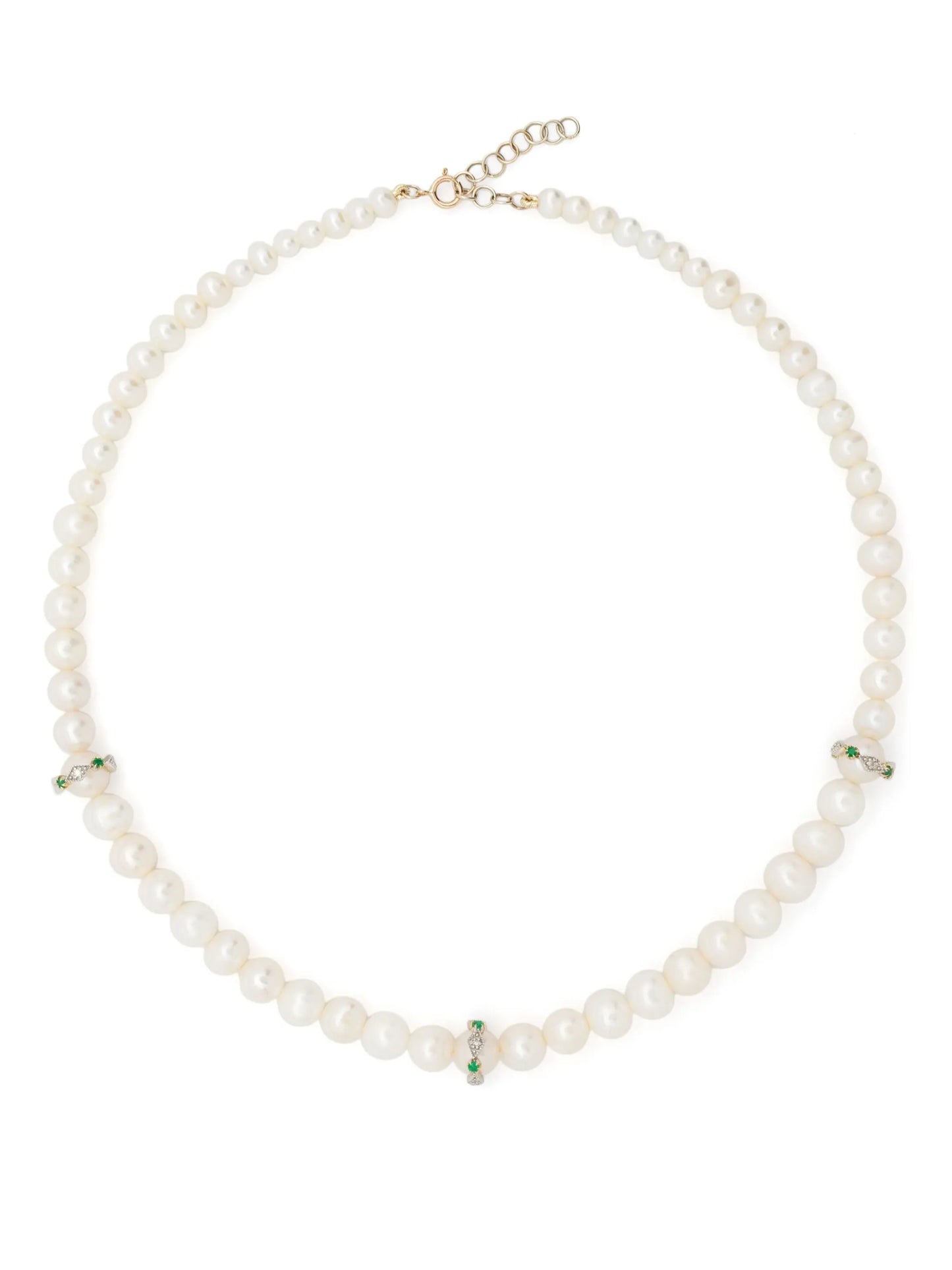 9kt yellow and white gold Chelsea N°2 pearl diamond and emerald necklace