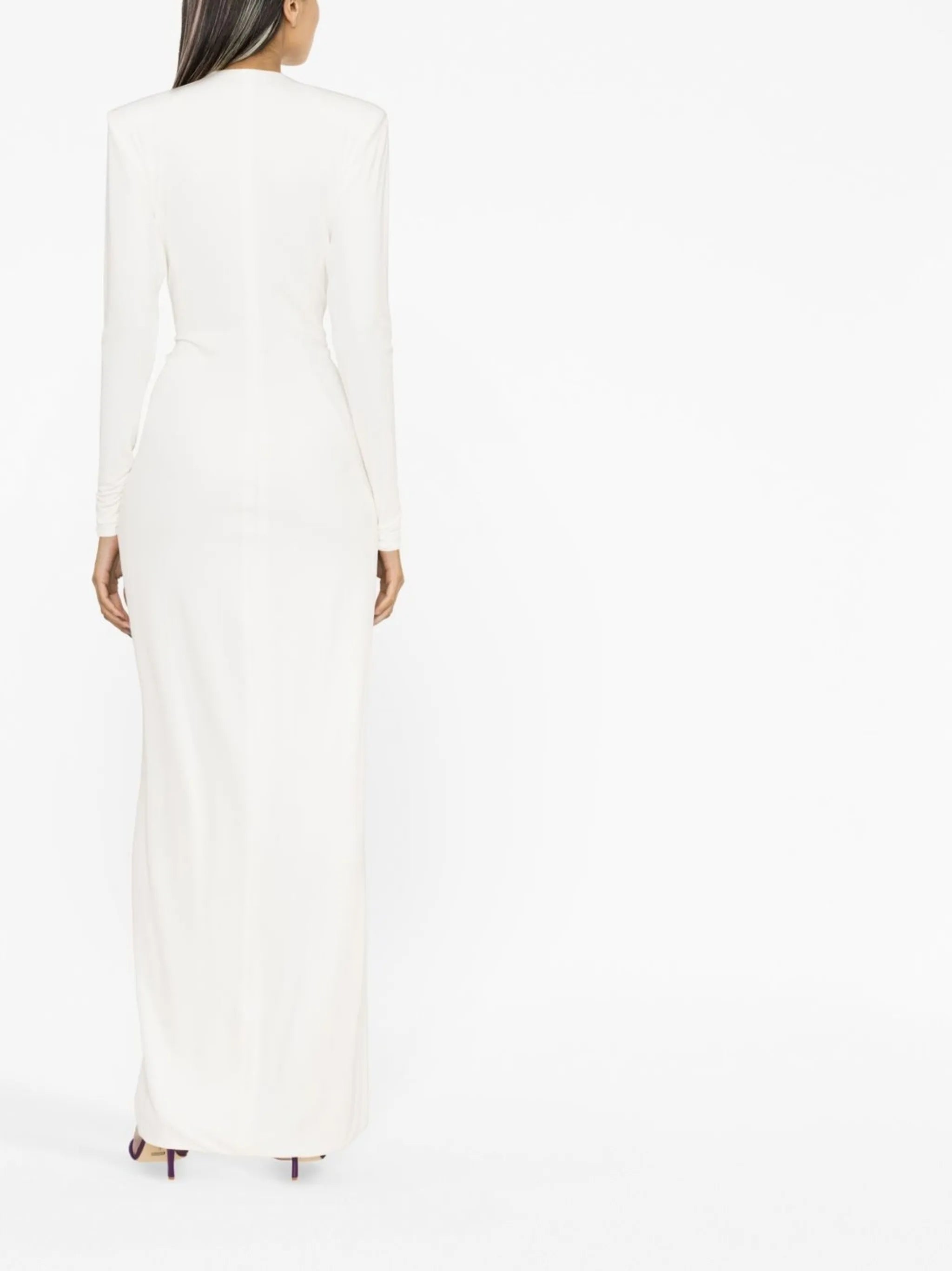 plunge-neck draped gown