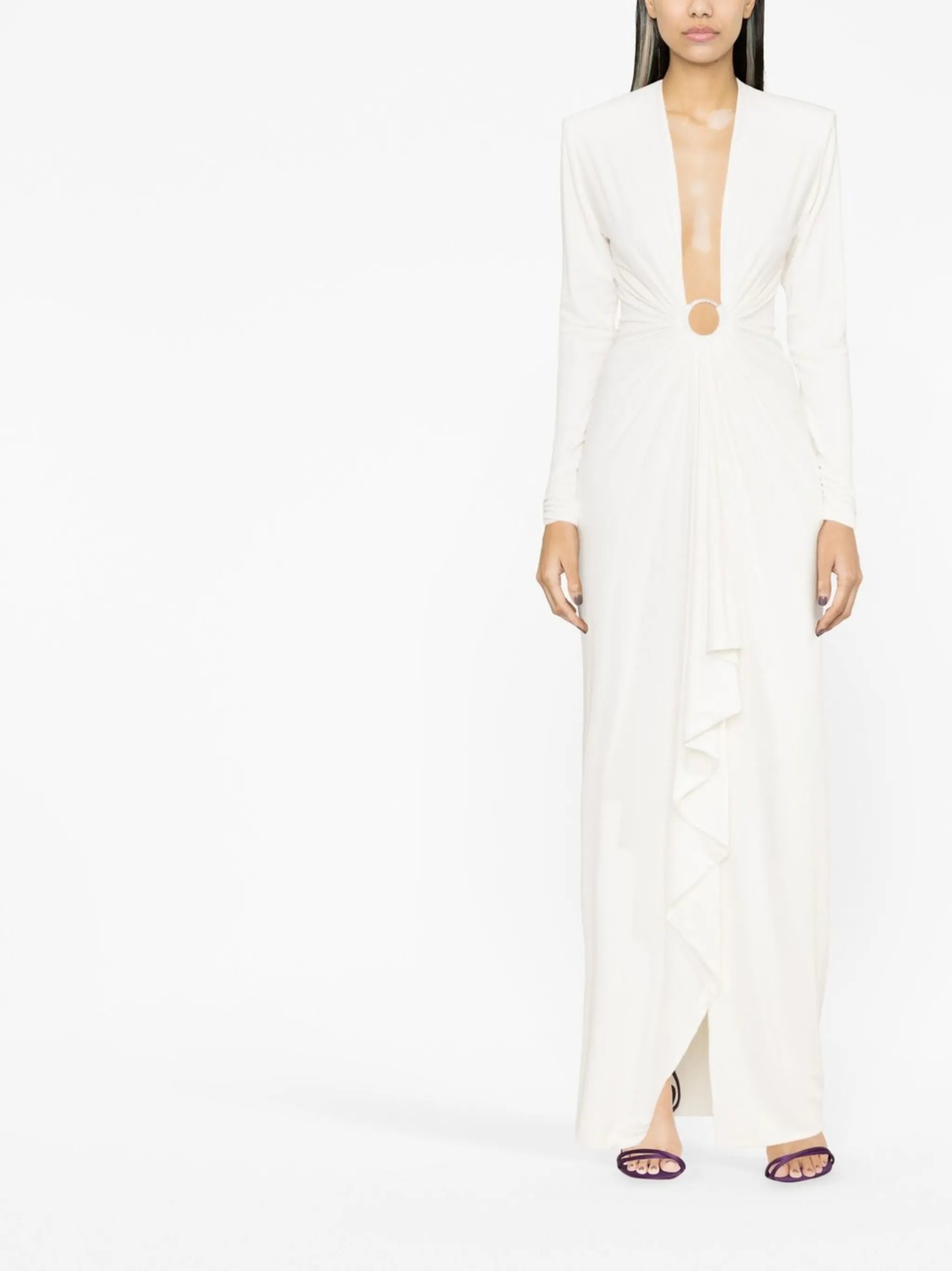 plunge-neck draped gown