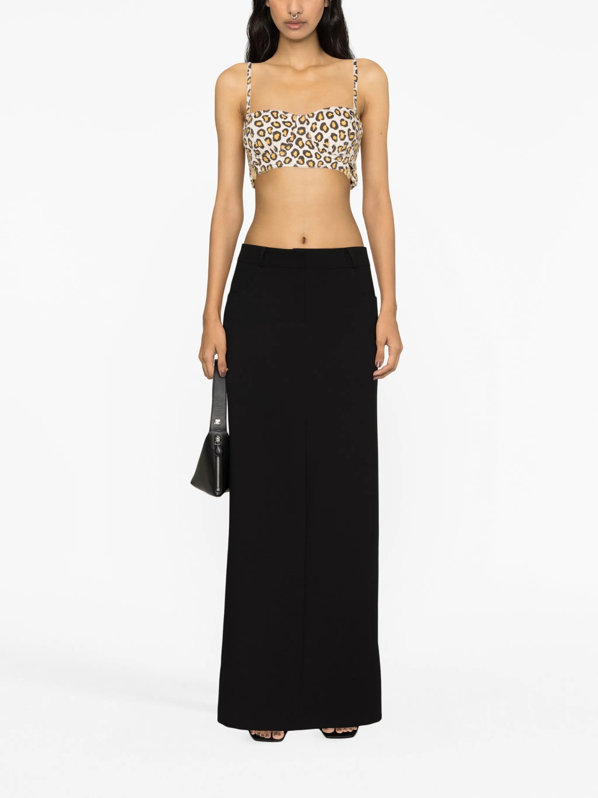 leopard-print denim bustier top