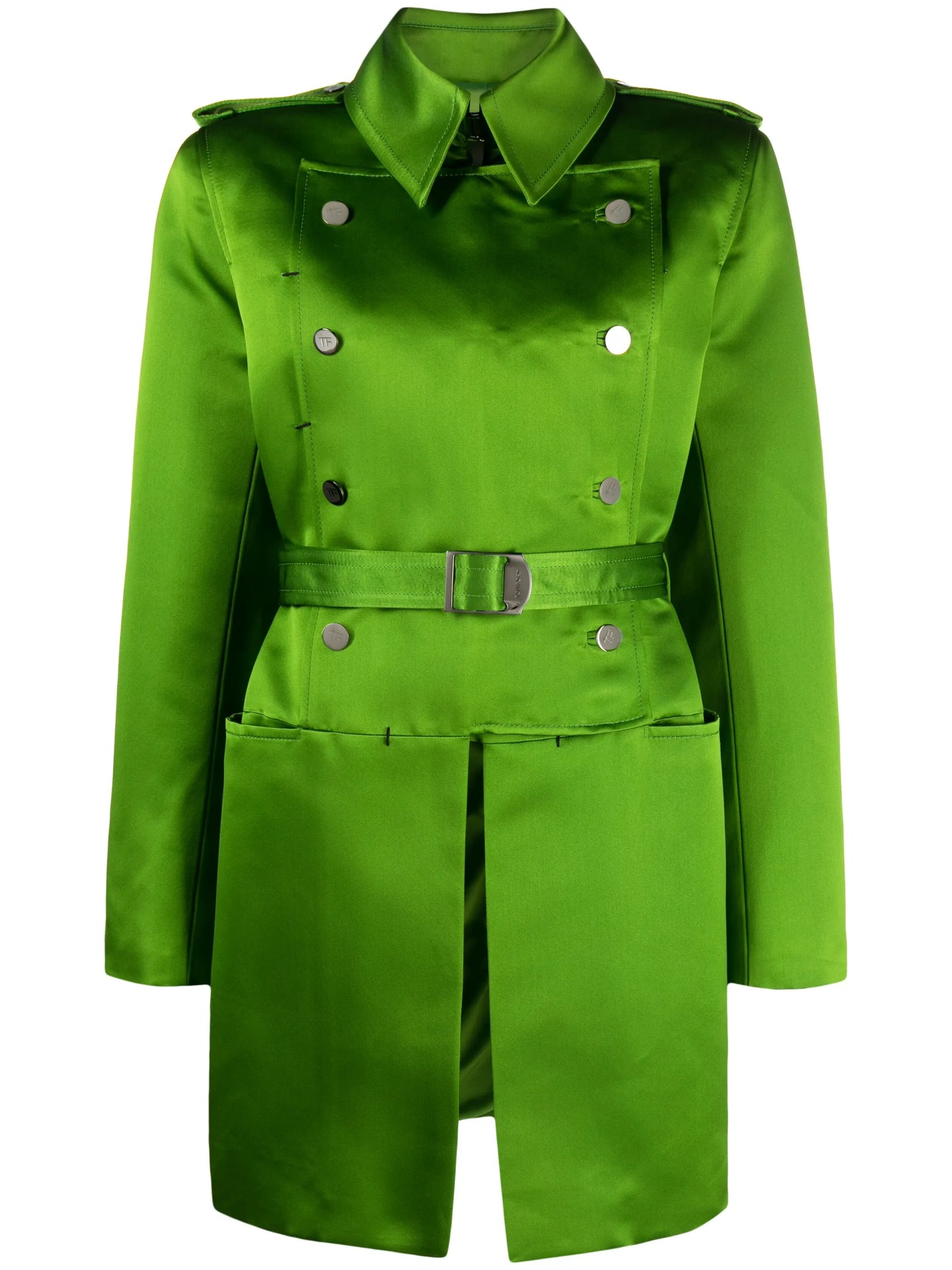 belted double-breasted silk coat