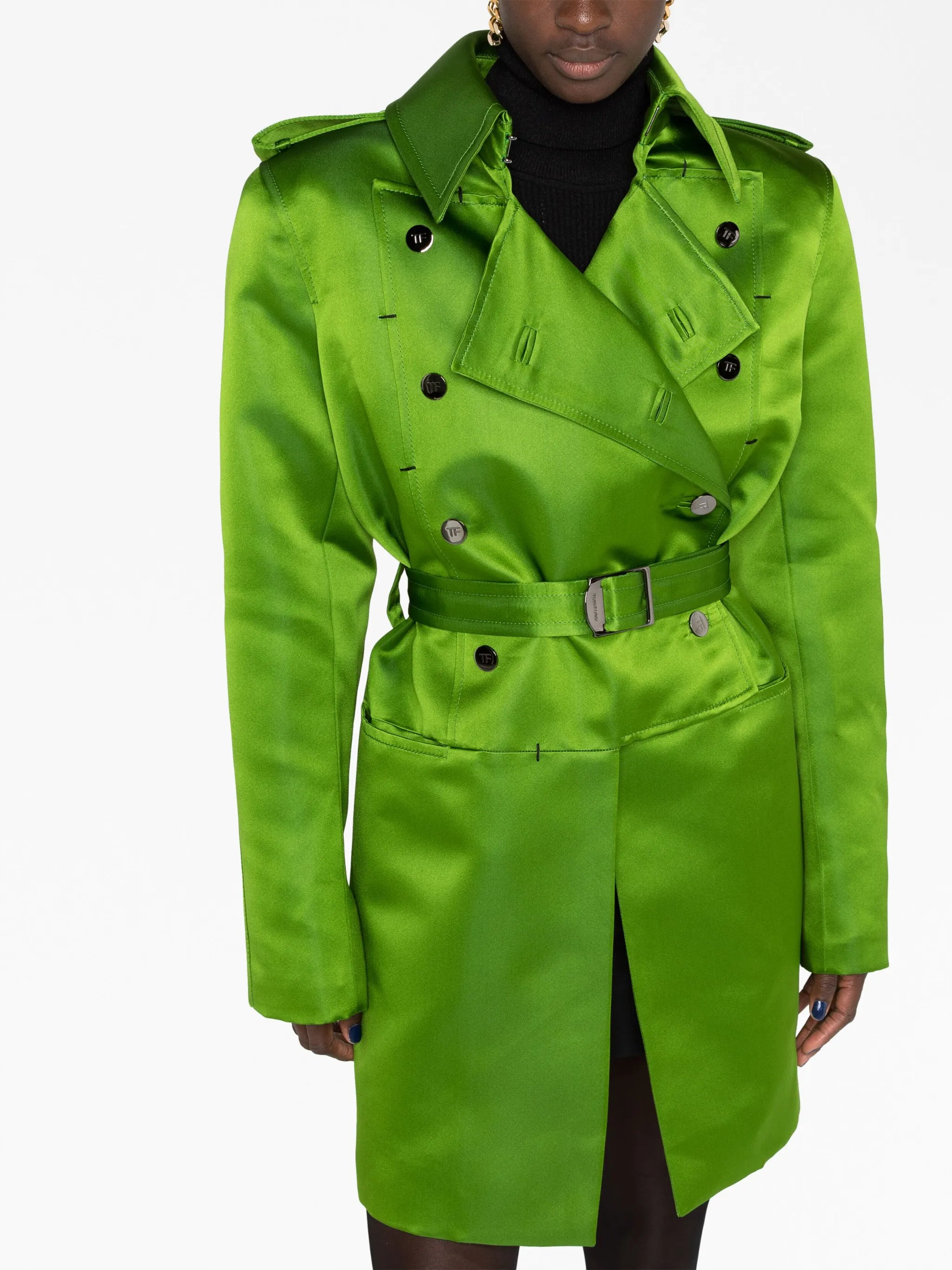 belted double-breasted silk coat