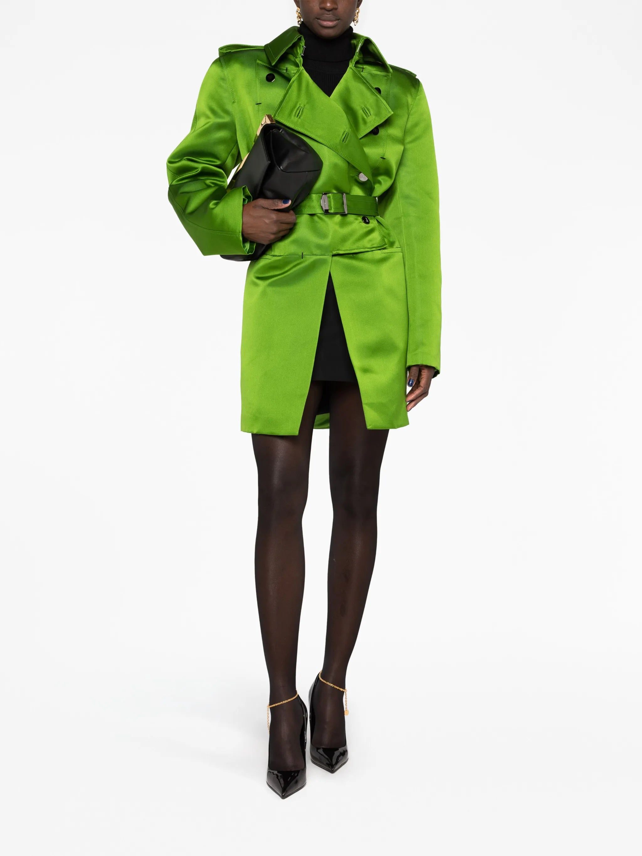 belted double-breasted silk coat