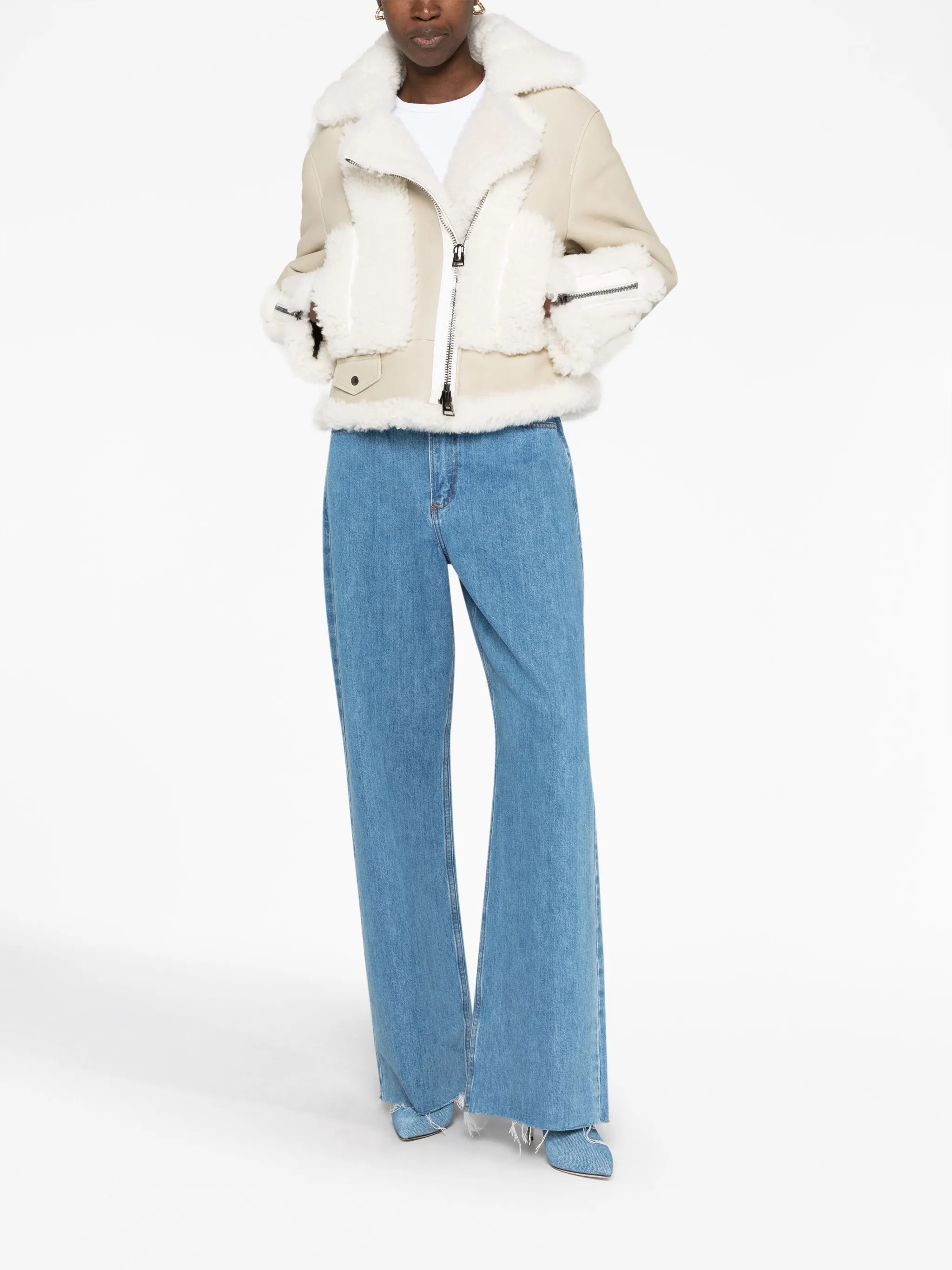 panelled shearling biker jacket