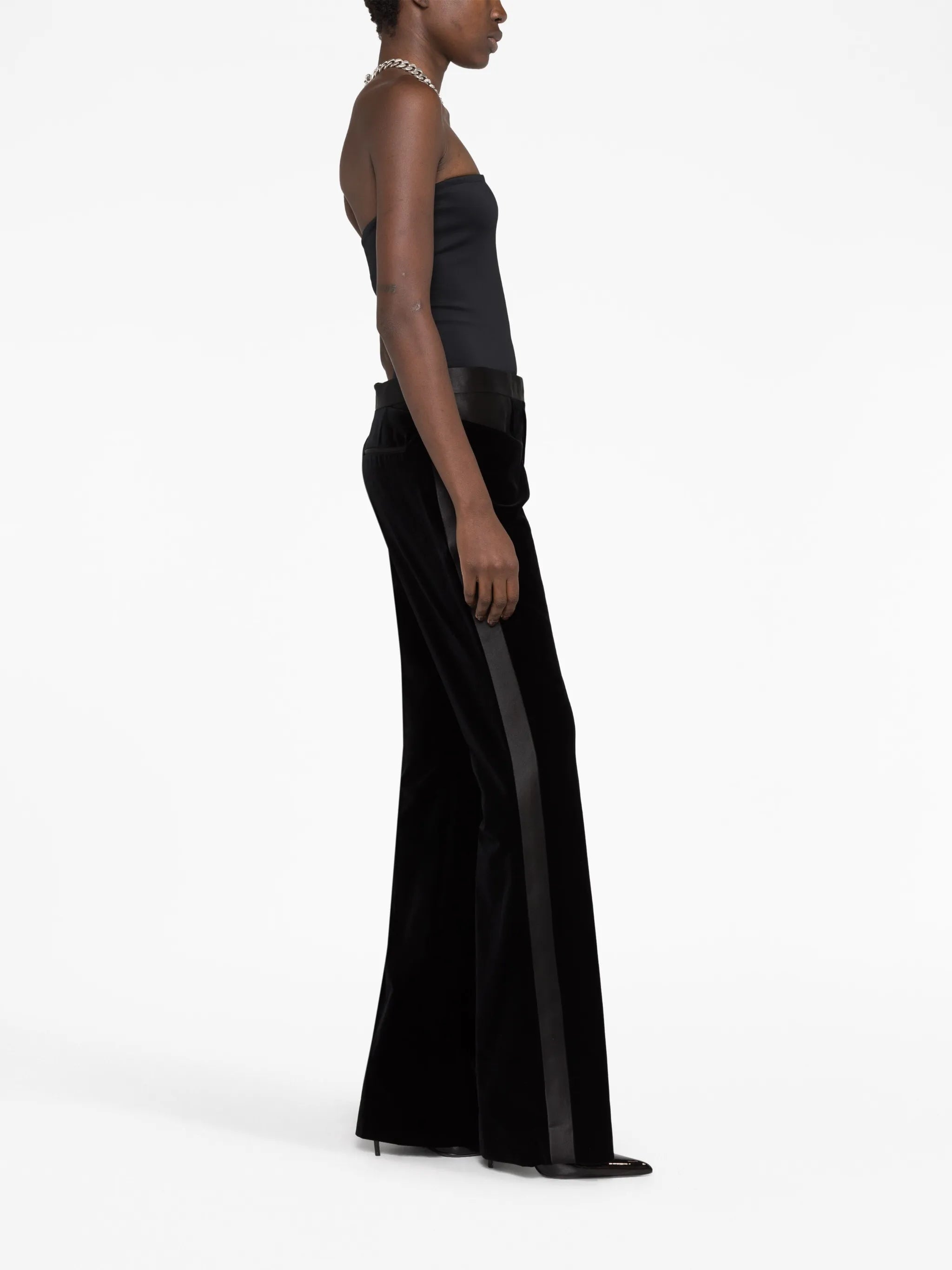 high-waisted flared trousers