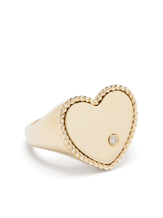 9kt yellow gold Chevaliere Coeur diamond signet ring