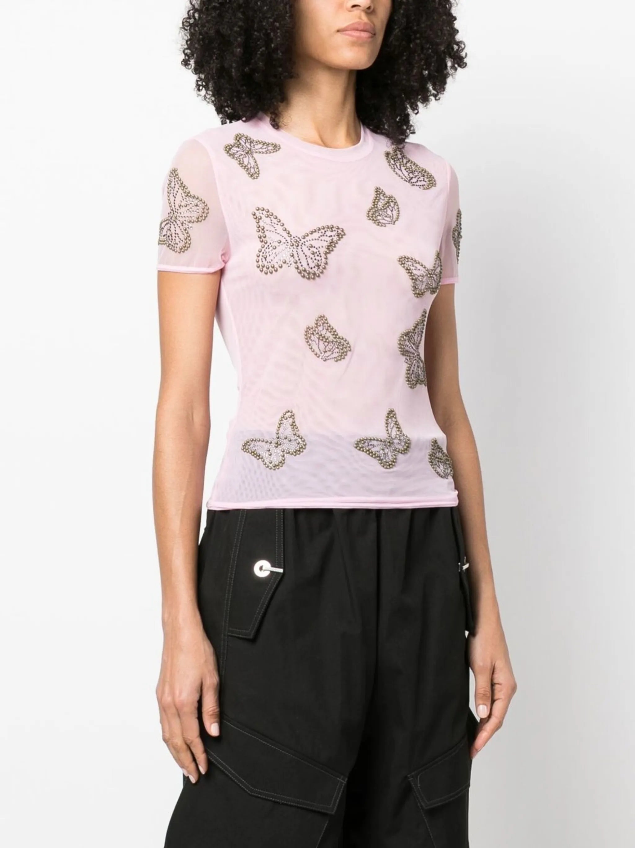 butterfly-studded semi-sheer T-shirt