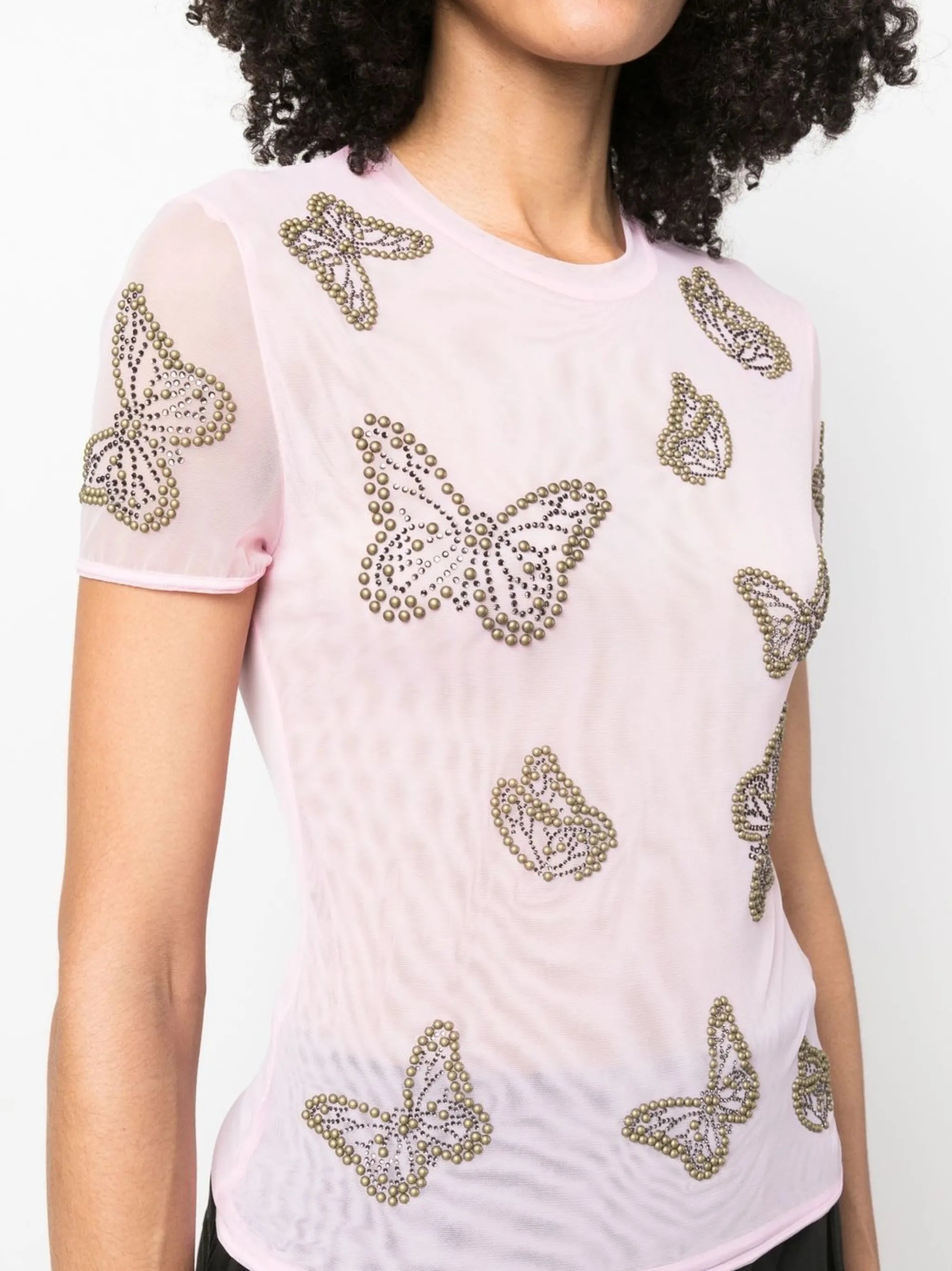 butterfly-studded semi-sheer T-shirt