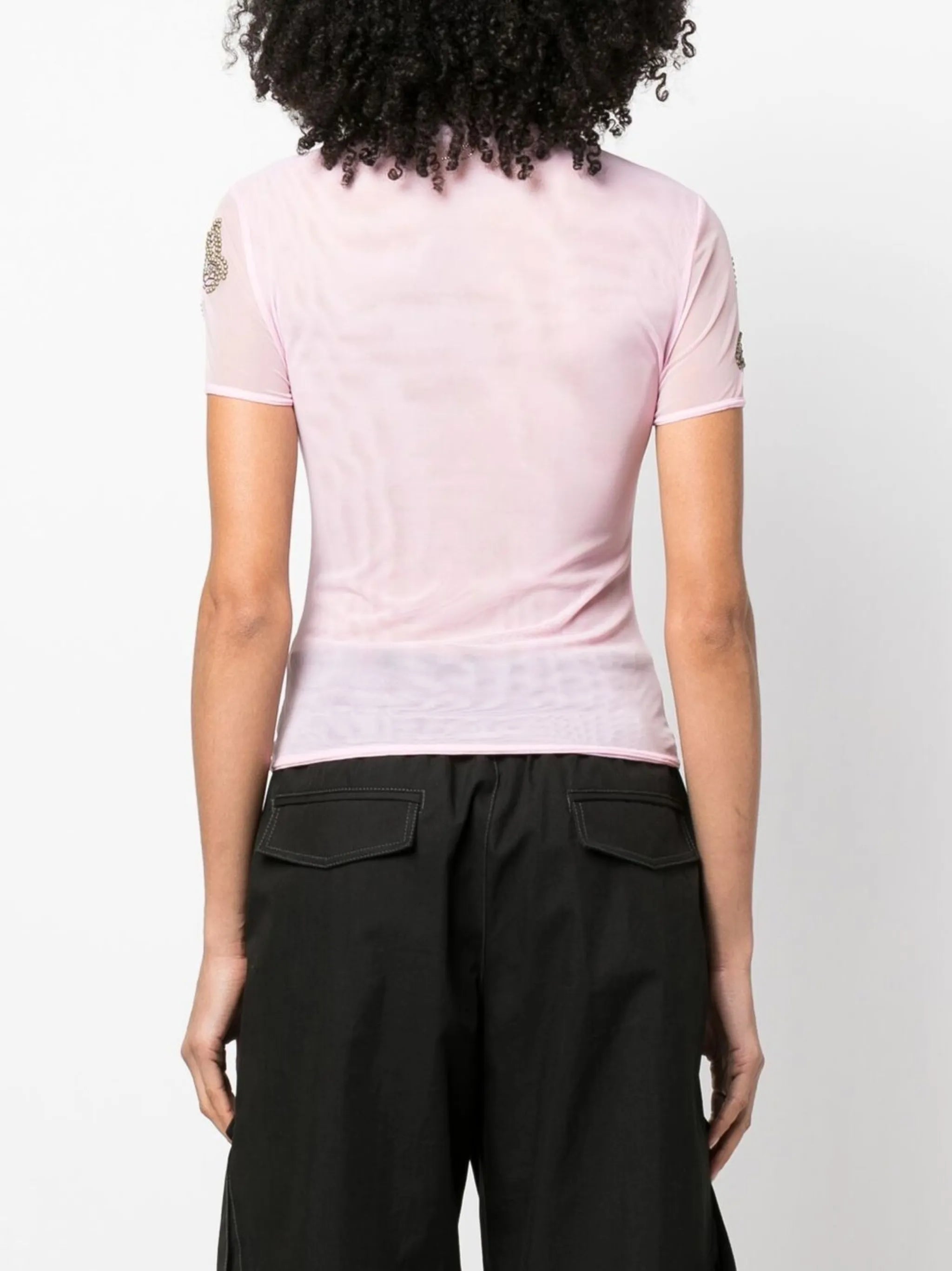 butterfly-studded semi-sheer T-shirt