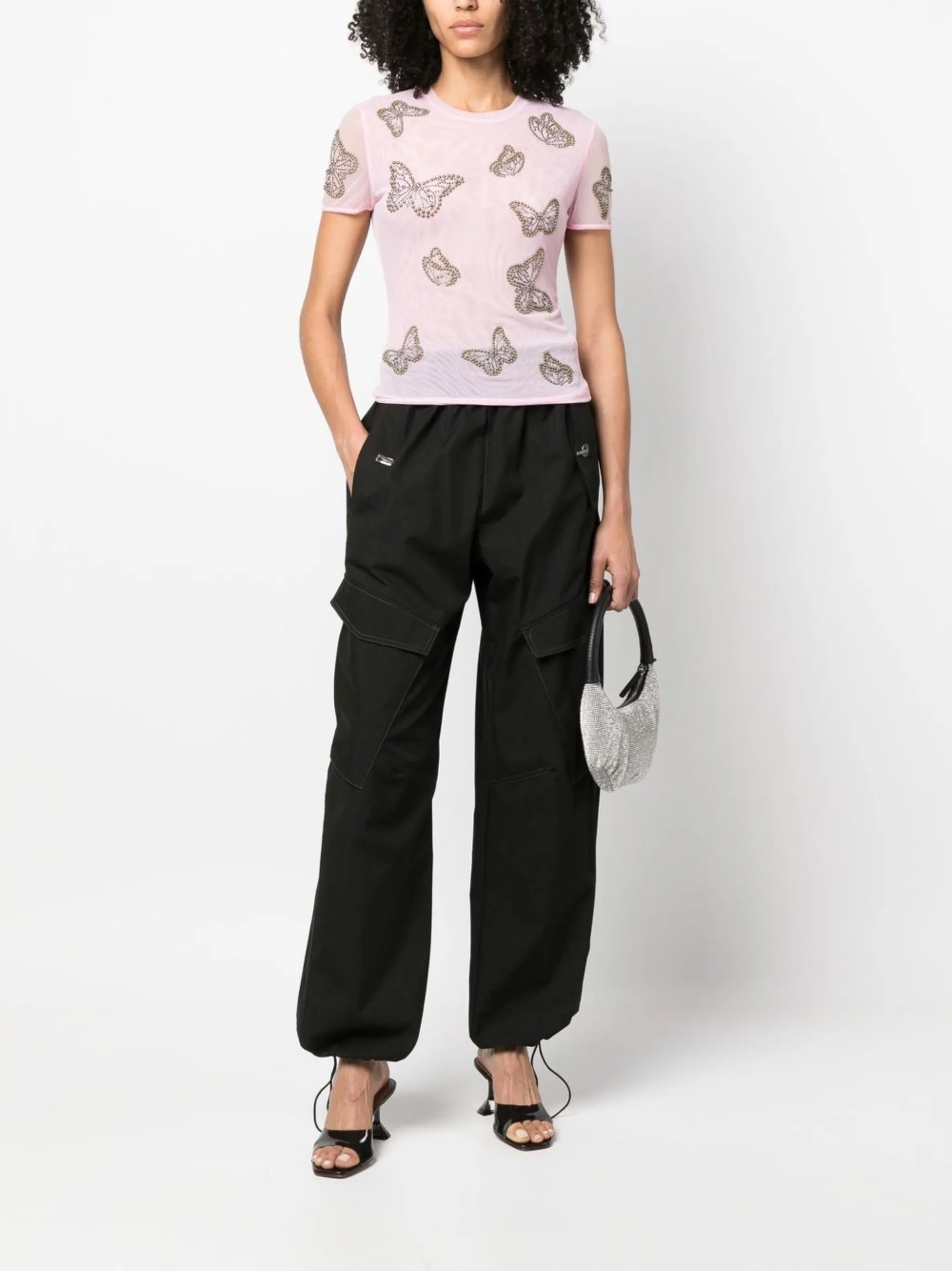 butterfly-studded semi-sheer T-shirt
