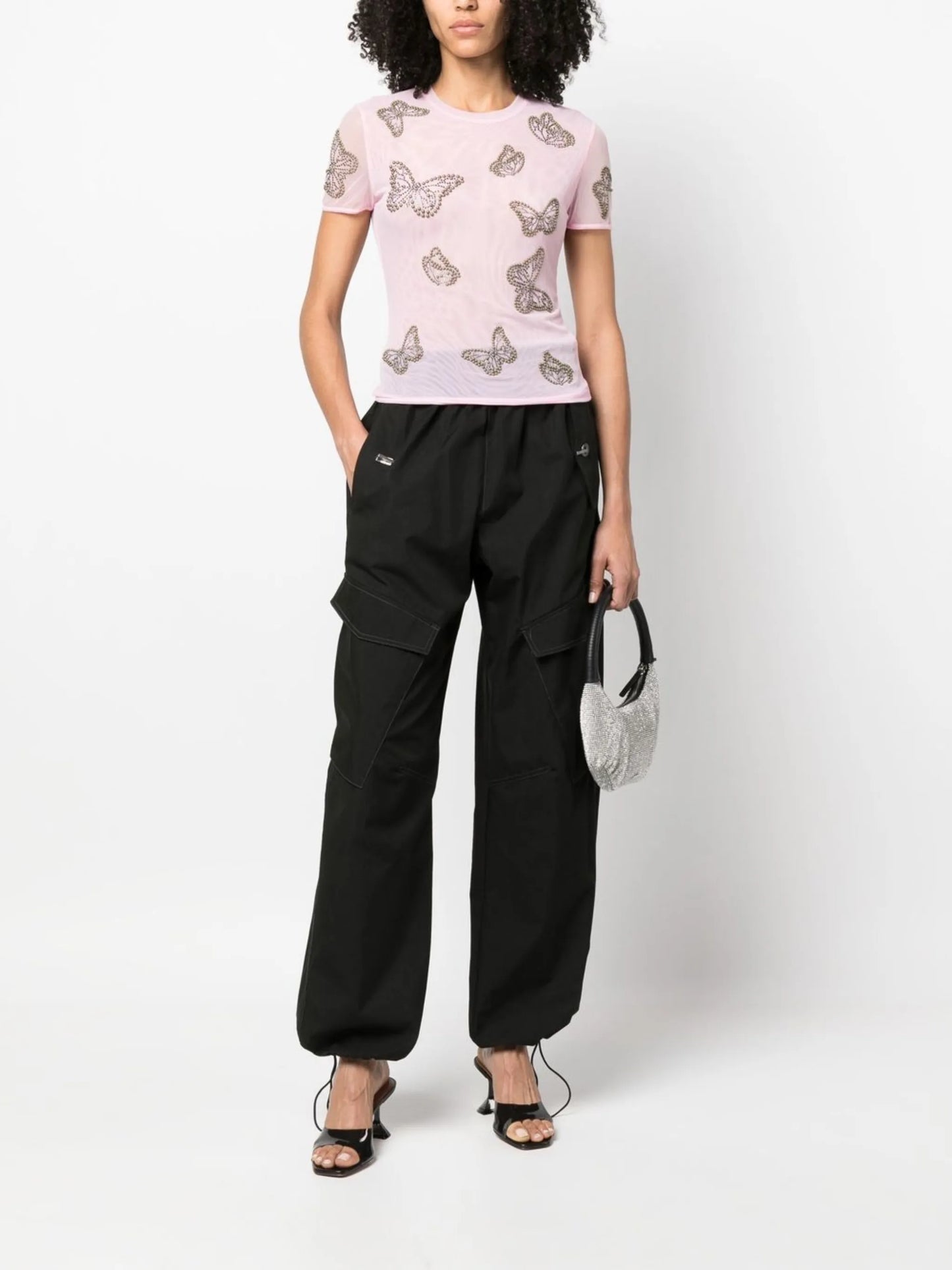 butterfly-studded semi-sheer T-shirt