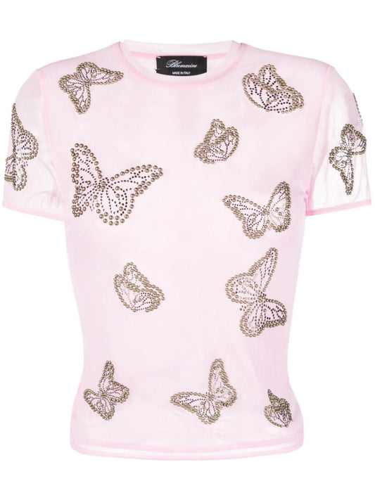 butterfly-studded semi-sheer T-shirt