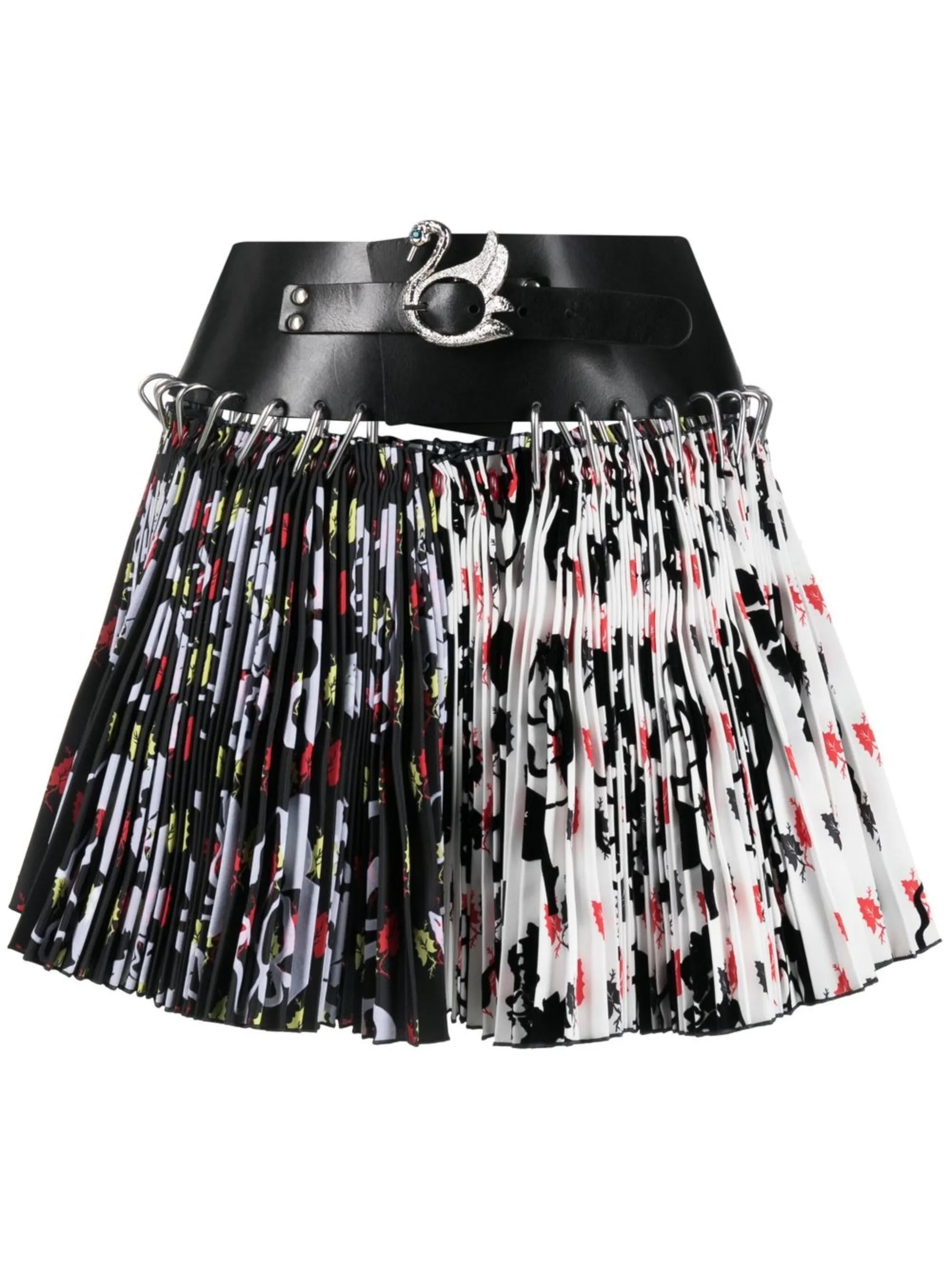 leaf-print belted pleated miniskirt