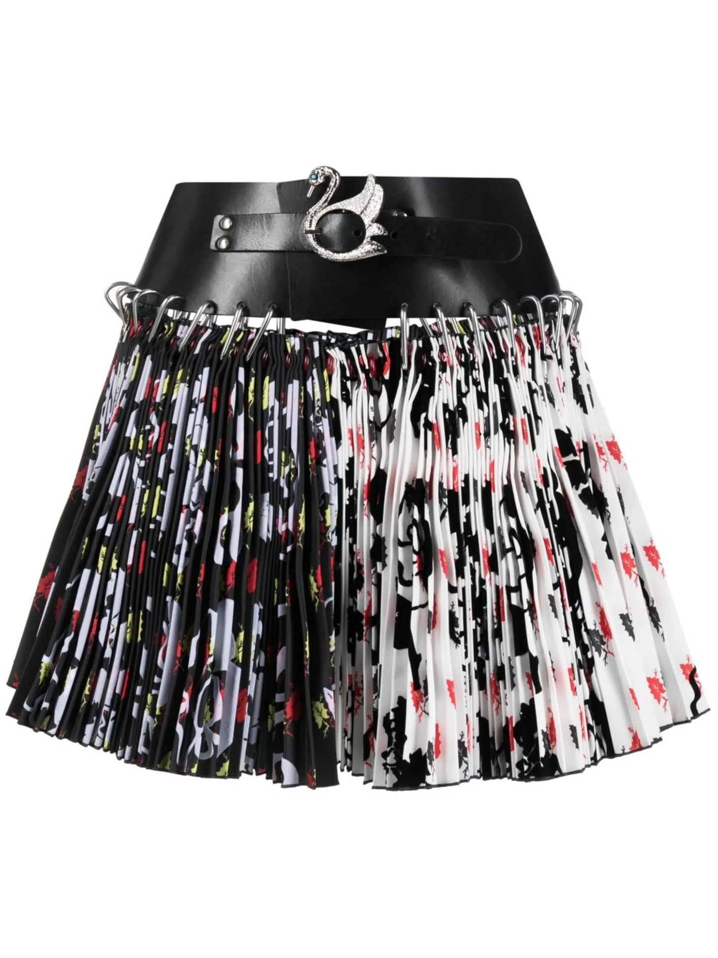 leaf-print belted pleated miniskirt