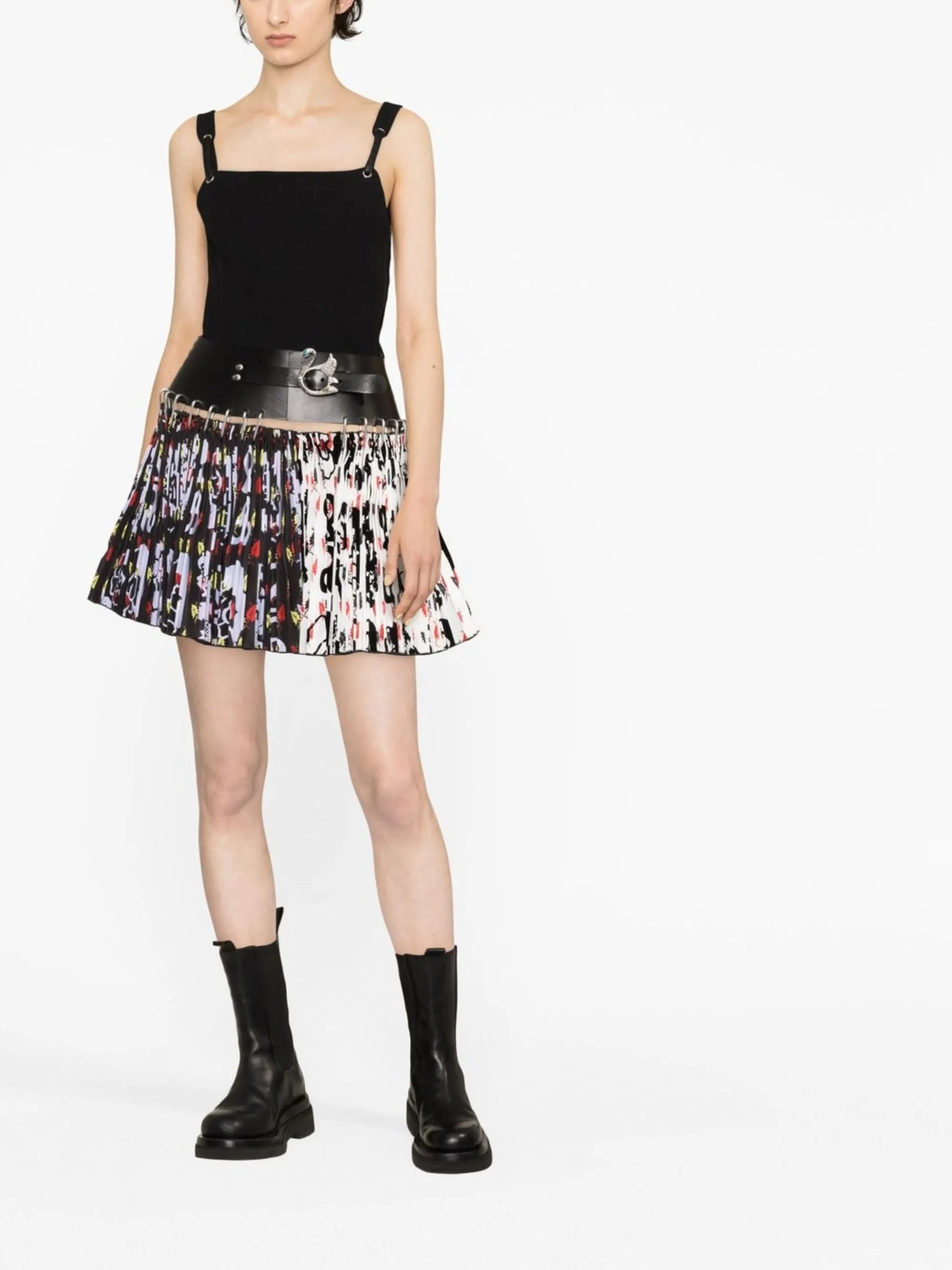 leaf-print belted pleated miniskirt