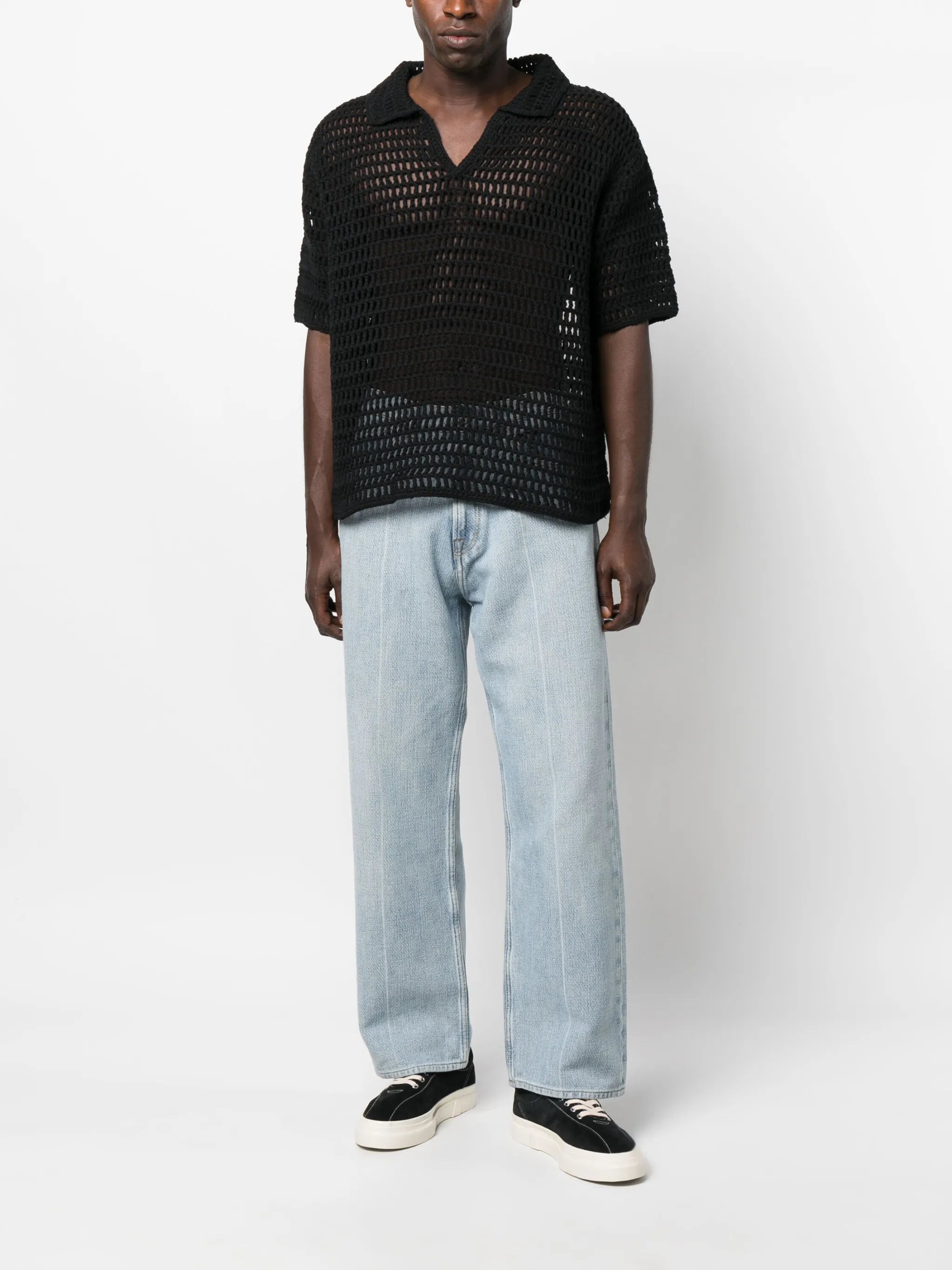 short-sleeve crocheted polo shirt