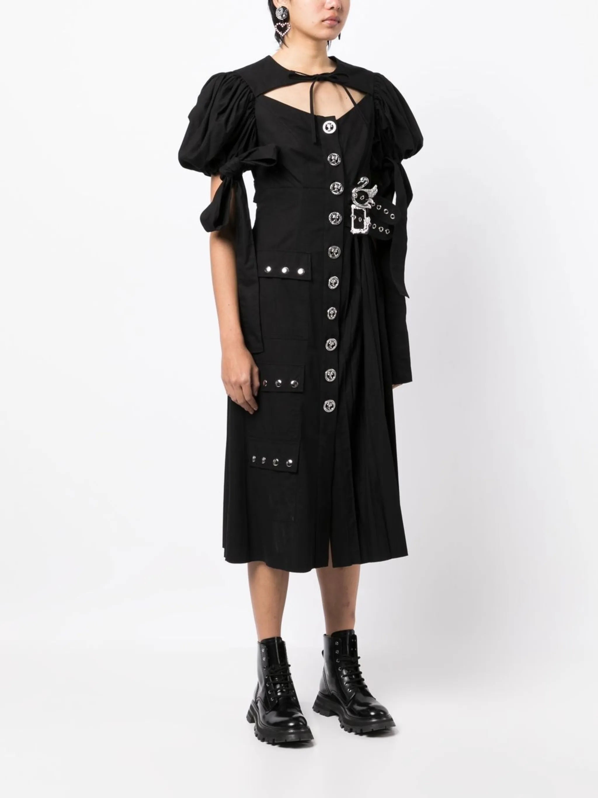 puff-sleeves pleated midi dress