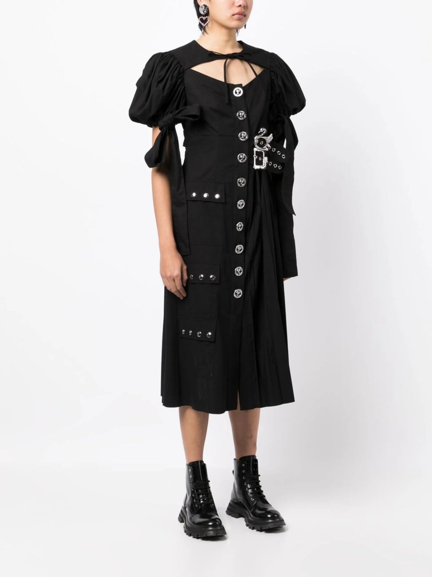 puff-sleeves pleated midi dress