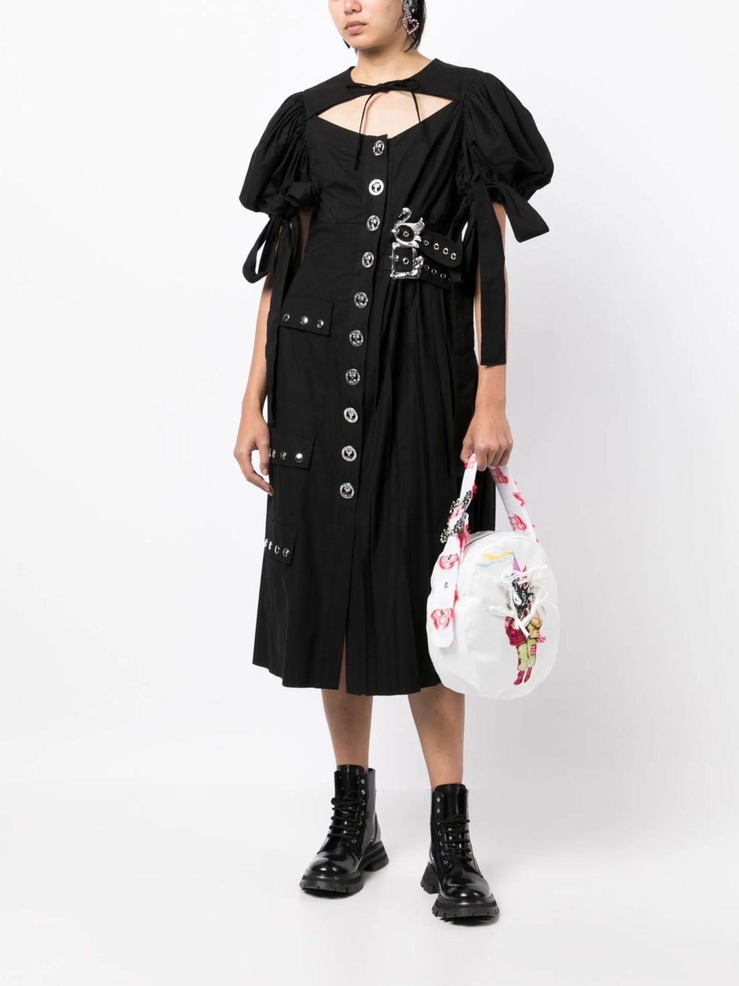 puff-sleeves pleated midi dress