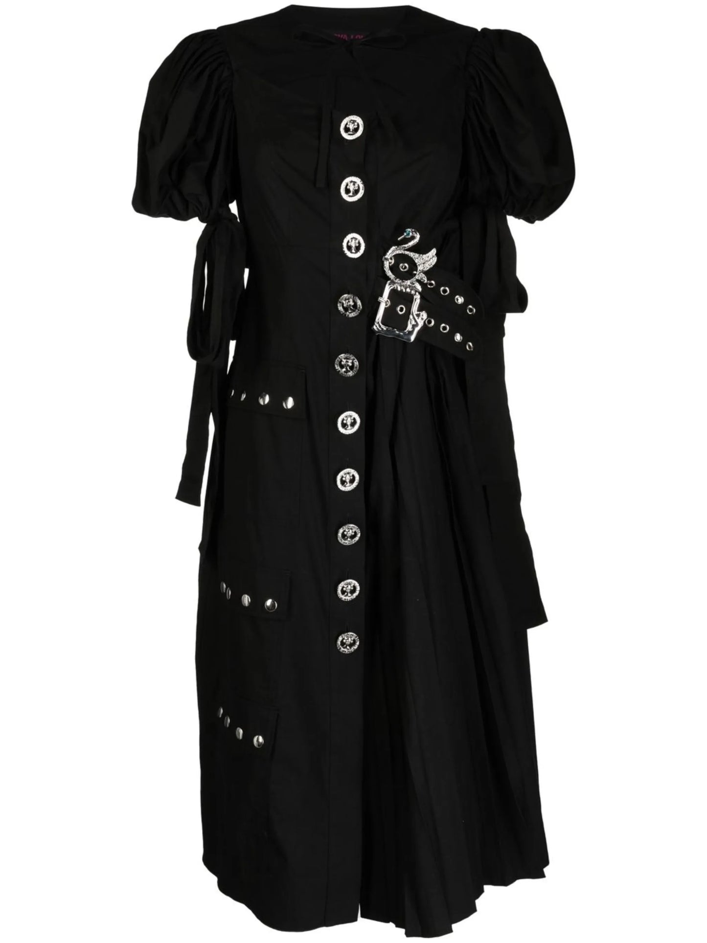 puff-sleeves pleated midi dress