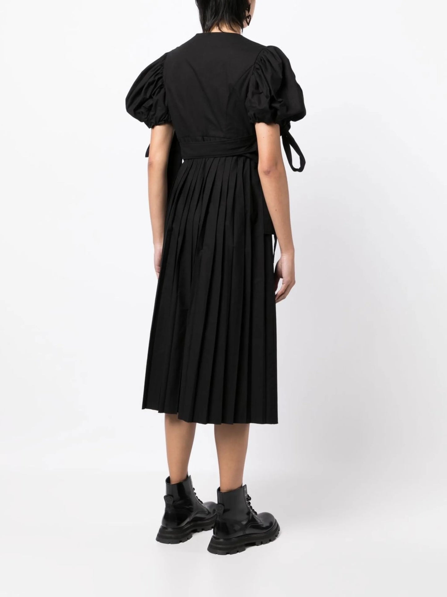 puff-sleeves pleated midi dress
