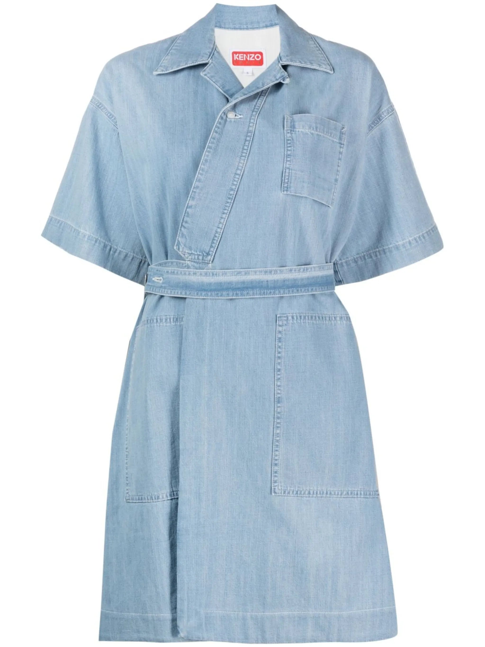 tied-waist denim wrap dress