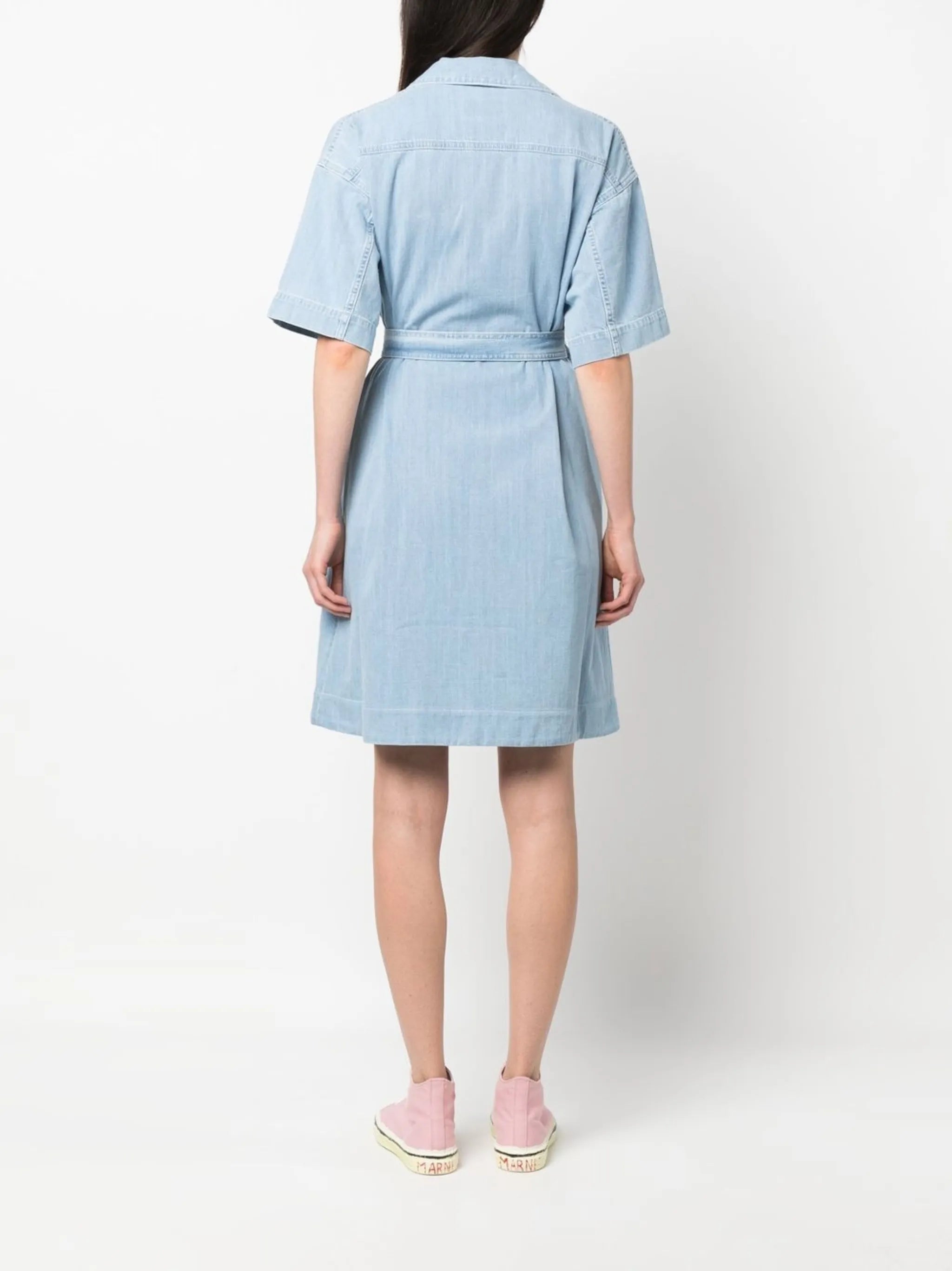 tied-waist denim wrap dress