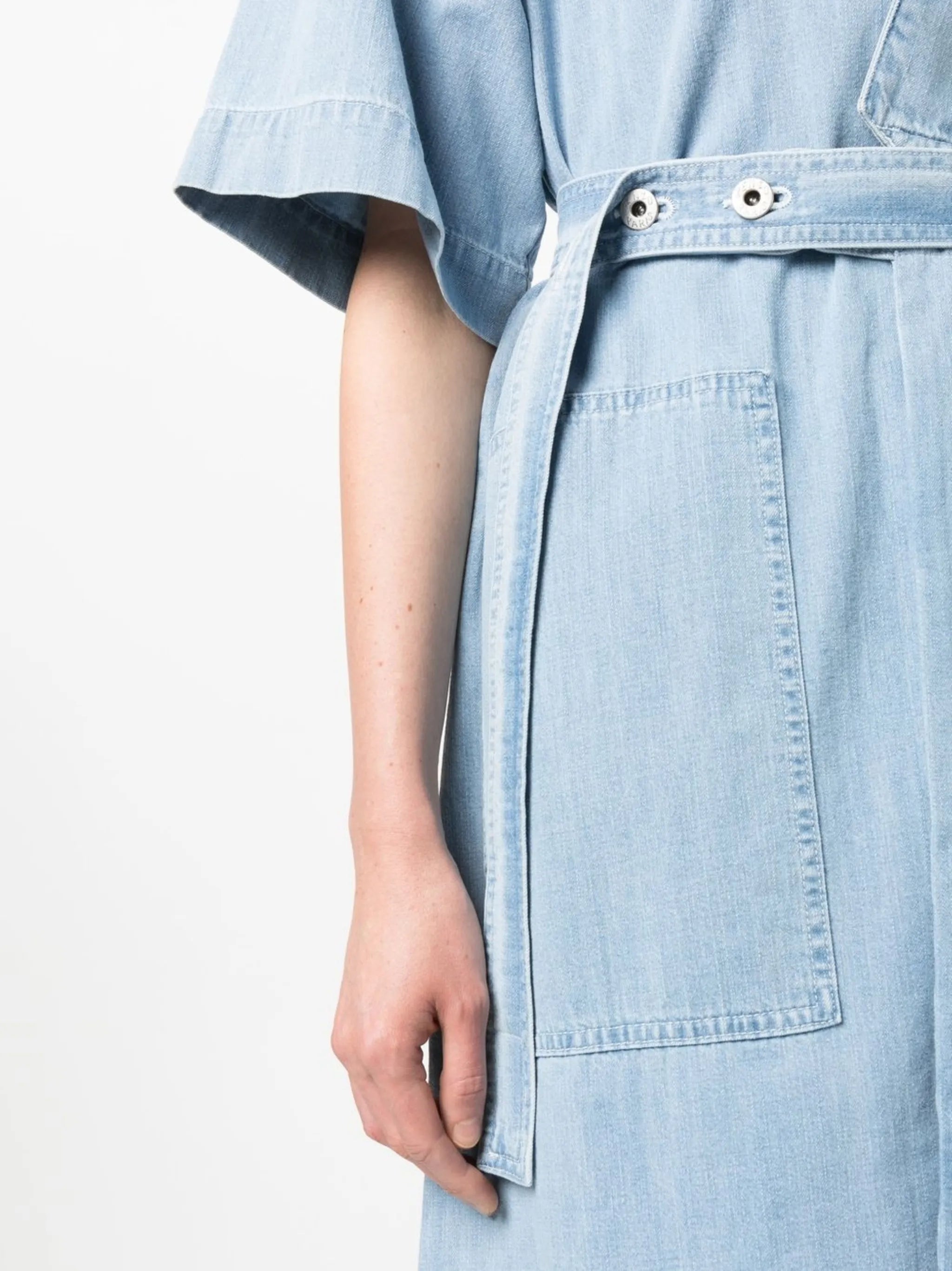 tied-waist denim wrap dress
