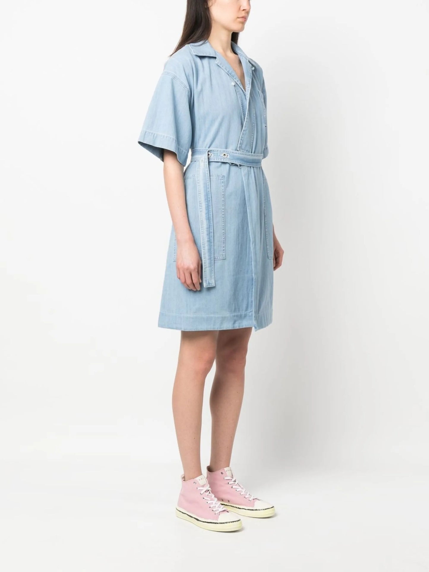 tied-waist denim wrap dress