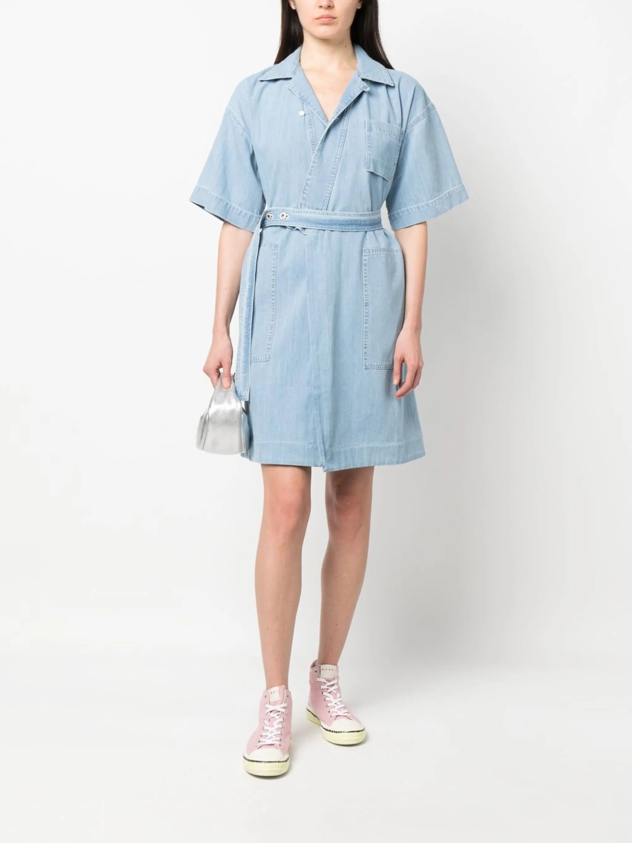tied-waist denim wrap dress